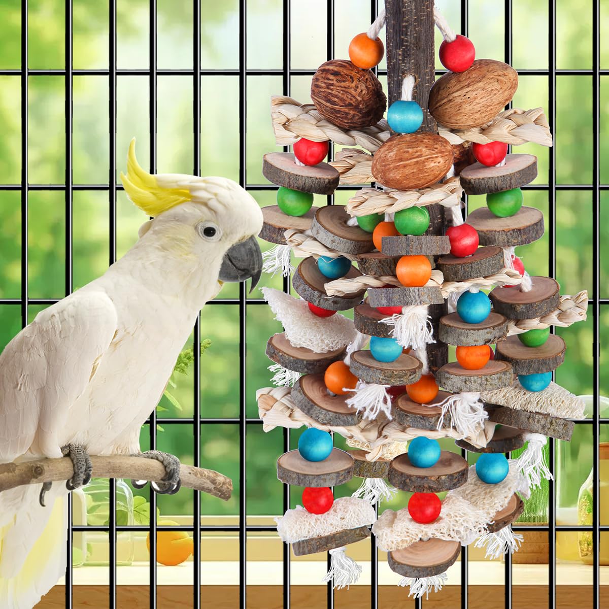 Bbjinronjy Large Parrot Toys Bird Chewing Toys-Natural Nuts Corn Loofah Wooden Bird Cage Toy For African Grey,Macaws,Conure,Coka