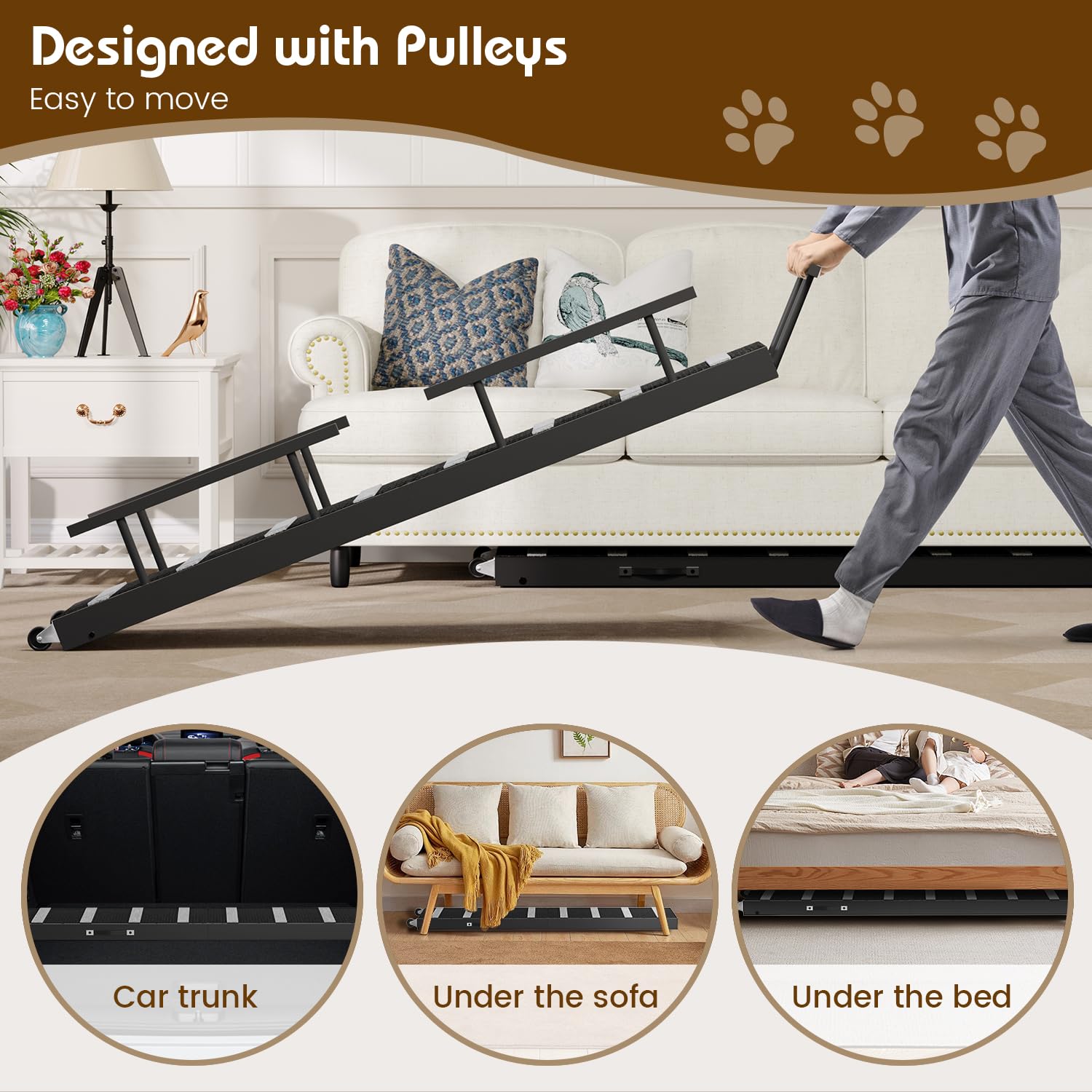 Dog Ramp For Bed, 63'' Pet Ramp For Adjustable Hight, Dog Ramps For Large Dogs With Anti-Slip Carpet And Safety Rails, Dog Car R