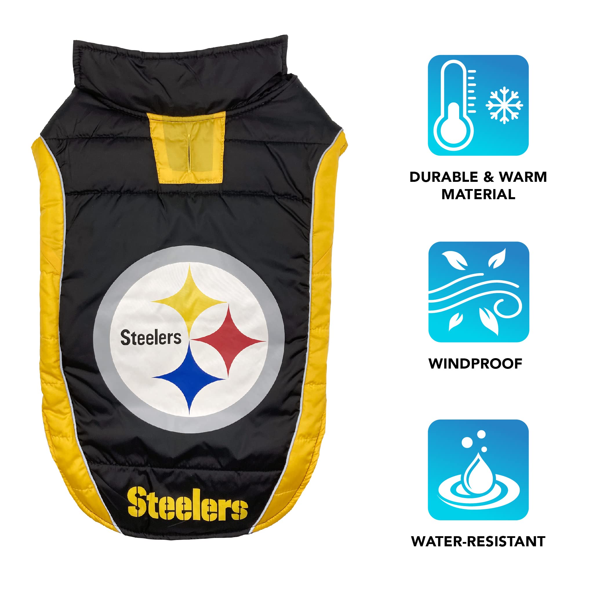 Nfl Pittsburgh Steelers Puffer Vest For Dogs & Cats, Size Medium. Warm, Cozy, And Waterproof Dog Coat, For Small And Large Dogs/