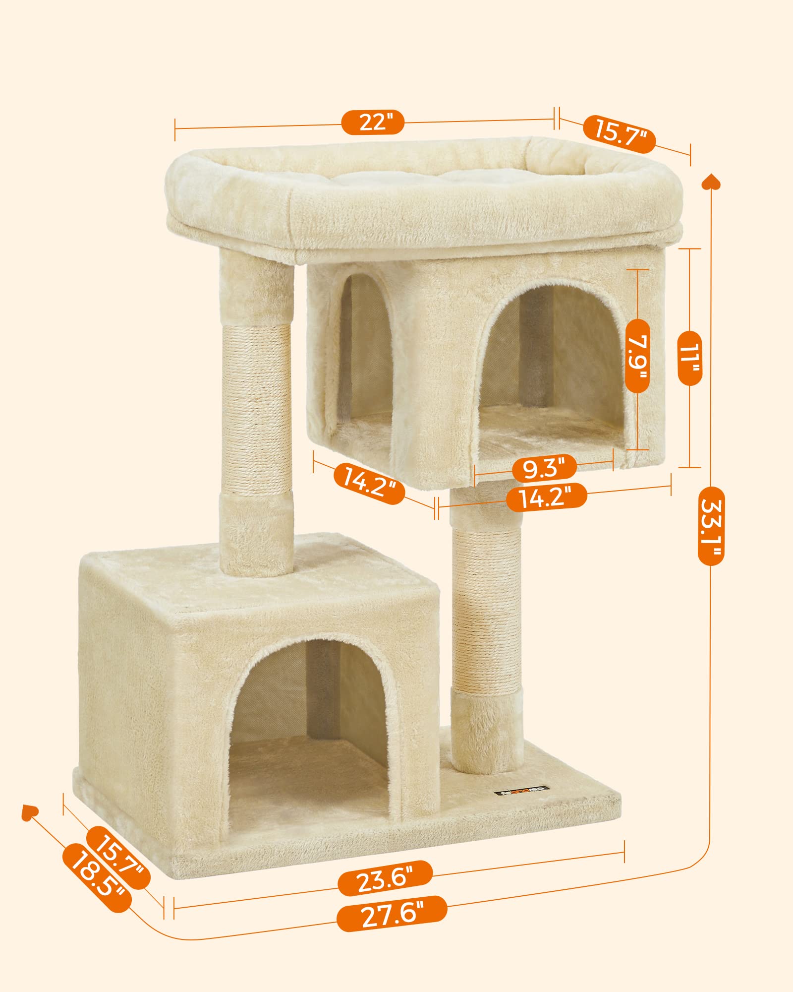 Feandrea Cat Tree, 33.1-Inch Cat Tower, L, Cat Condo for Large Cats up to 16 lb, Large Cat Perch, 2 Cat Caves, Scratching Post,