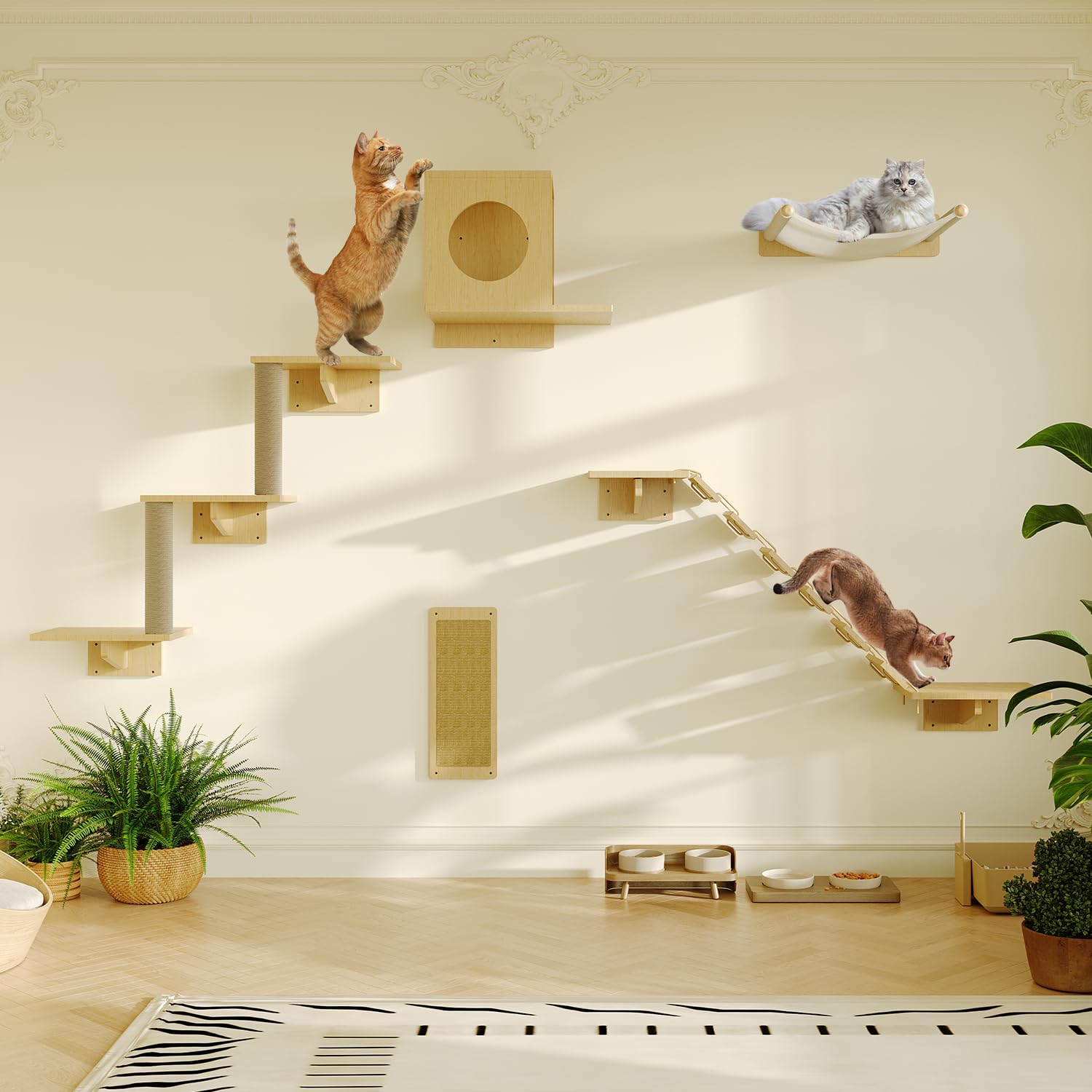 Meowhomm Cat Wall Shelves, Set Of 5 Wooden Cat Wall Furniture With Cat Condo, Cat Scratching Post With 3 Steps, Bridge, Cat Hamm