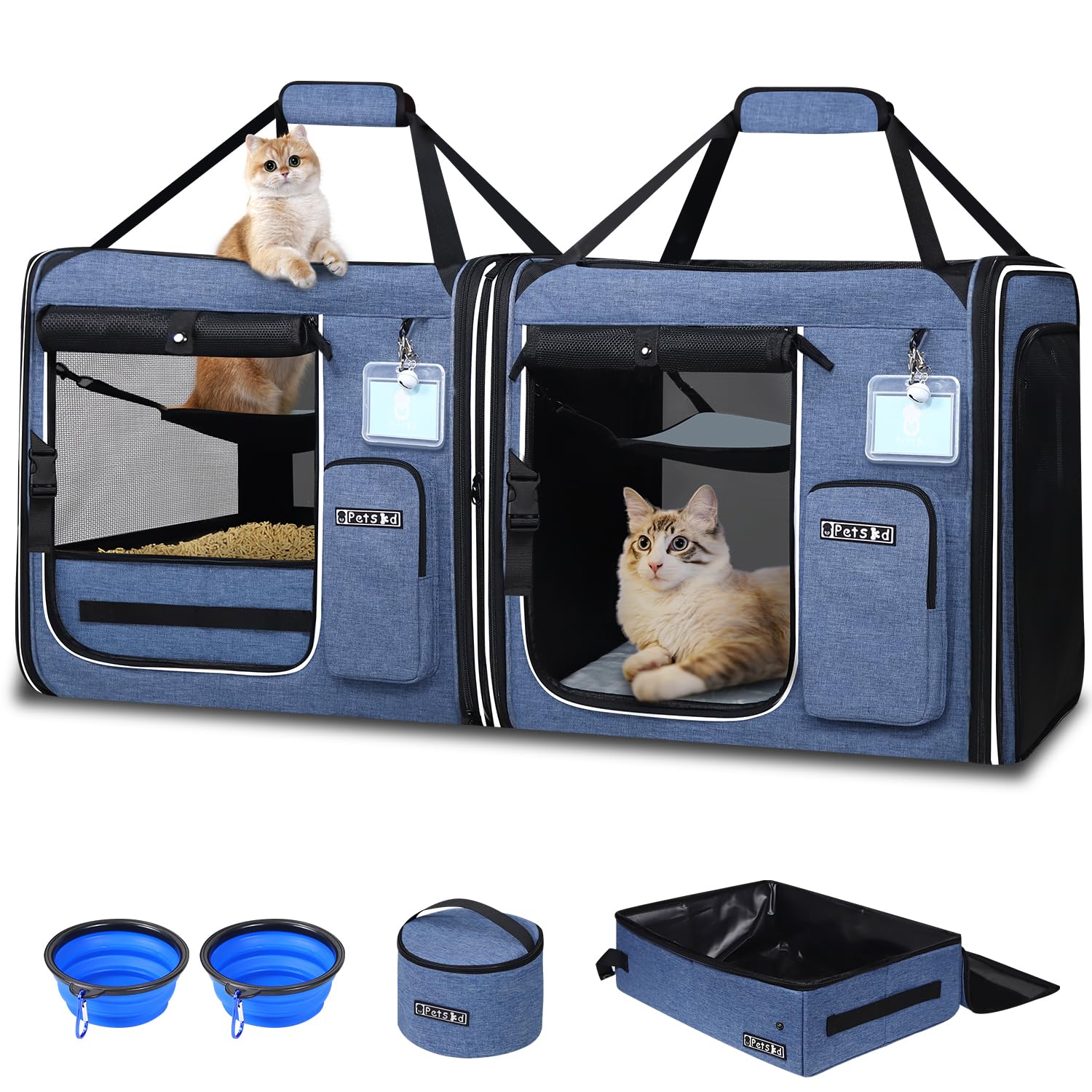 Petskd 2 In 1 Double Cat Car Travel Carrier With Litter Box, 38''X17''X18'' Portable Dual Extra Large Cat Carrier For Multiple C