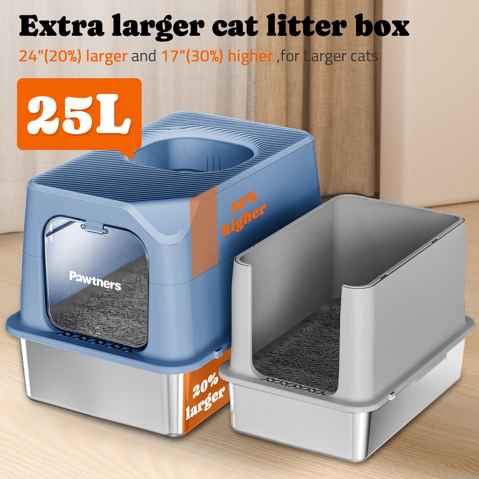 Pawtners Cat Litter Box, Xl Extra Large Stainless Steel Kitty Litter Pan, Front Entry Top Exit Enclosed Metal Cat Toilet For Odo