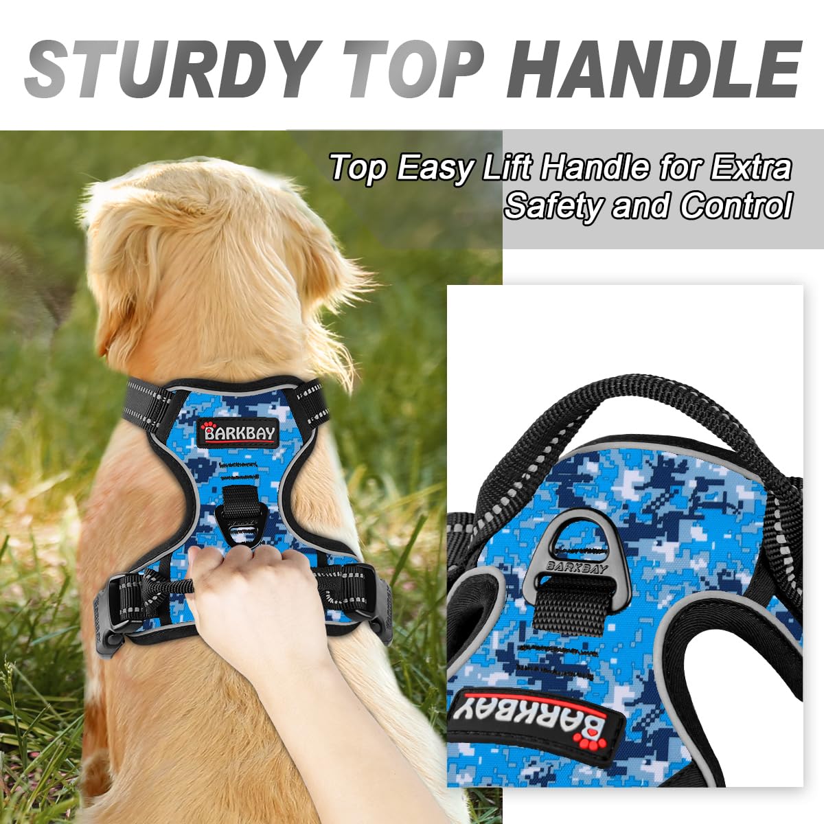 Barkbay No Pull Dog Harness Front Clip Heavy Duty Reflective Easy Control Handle For Large Dog Walking(Blue Camo,S)