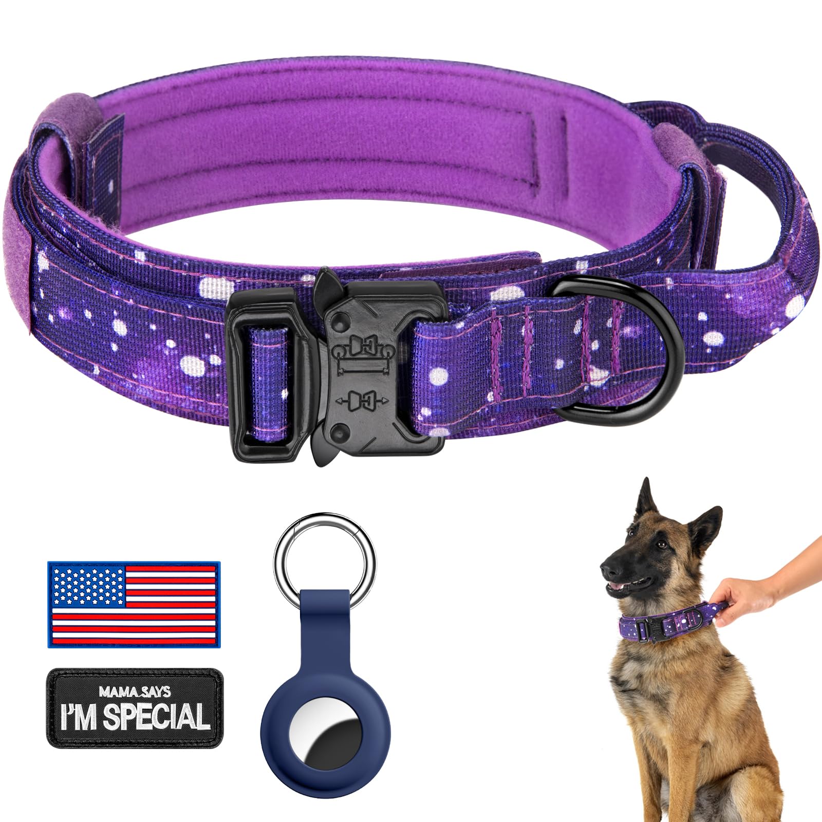 Daganxi Tactical Dog Collar, Adjustable Military Training Nylon Dog Collar With Control Handle And Heavy Metal Buckle For Medium And Large Dogs, With Patches And Airtags Case (Xxl, Purple Sky)
