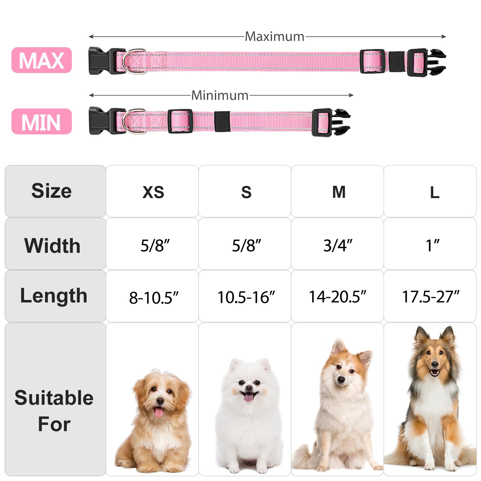 Penseepet Reflective Dog Collar Padded With Soft Neoprene Breathable Quick Release Basic Dog Collars For Puppy Small Dogs Pink Girl