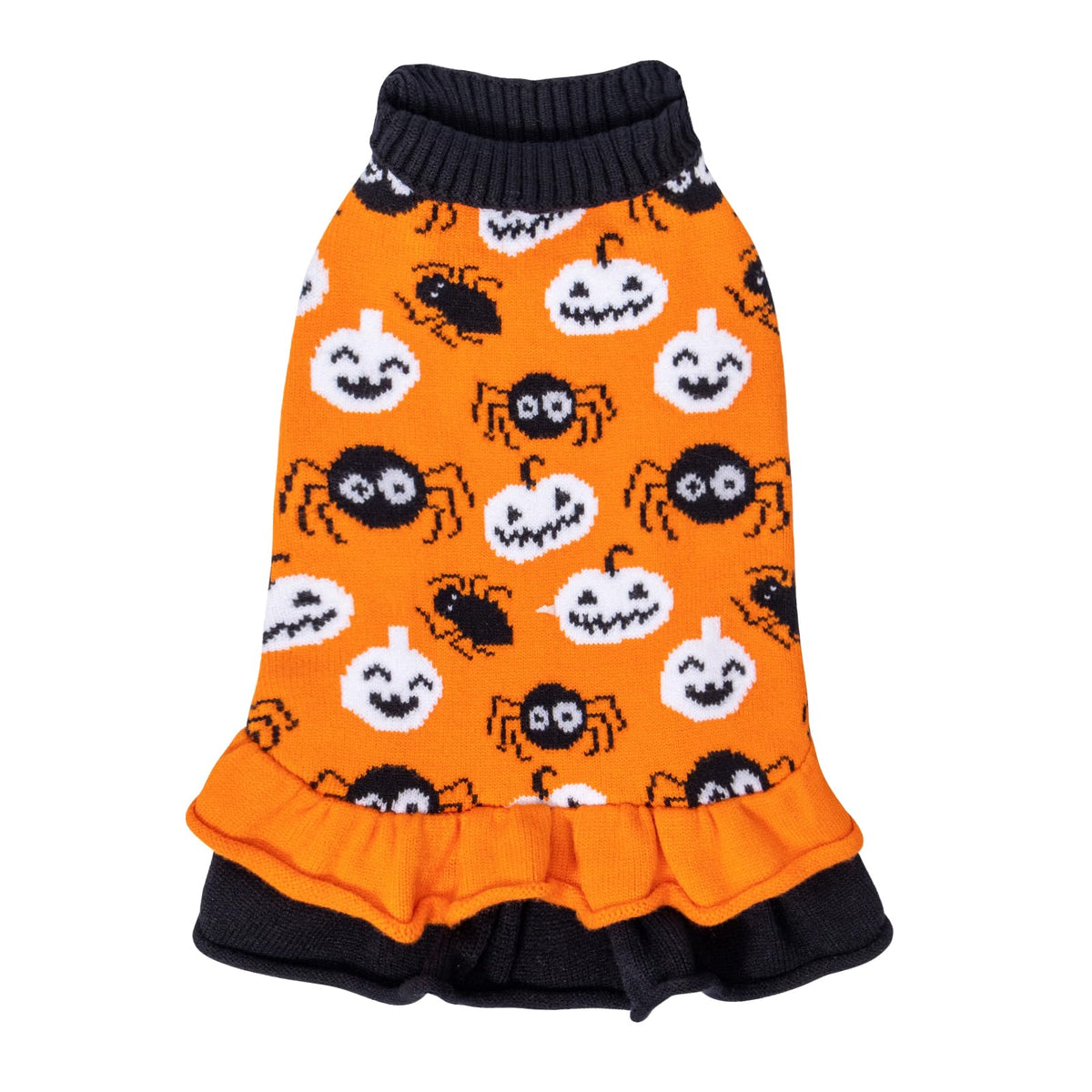 Cutebone Halloween Dog Sweater Dress, Soft And Stretchy Dog Clothes For Medium Large Dogs Girl, Pumpkin Spider Puppy Sweater Pullover Ruffle Dress Pet Outfit Cat Apparel