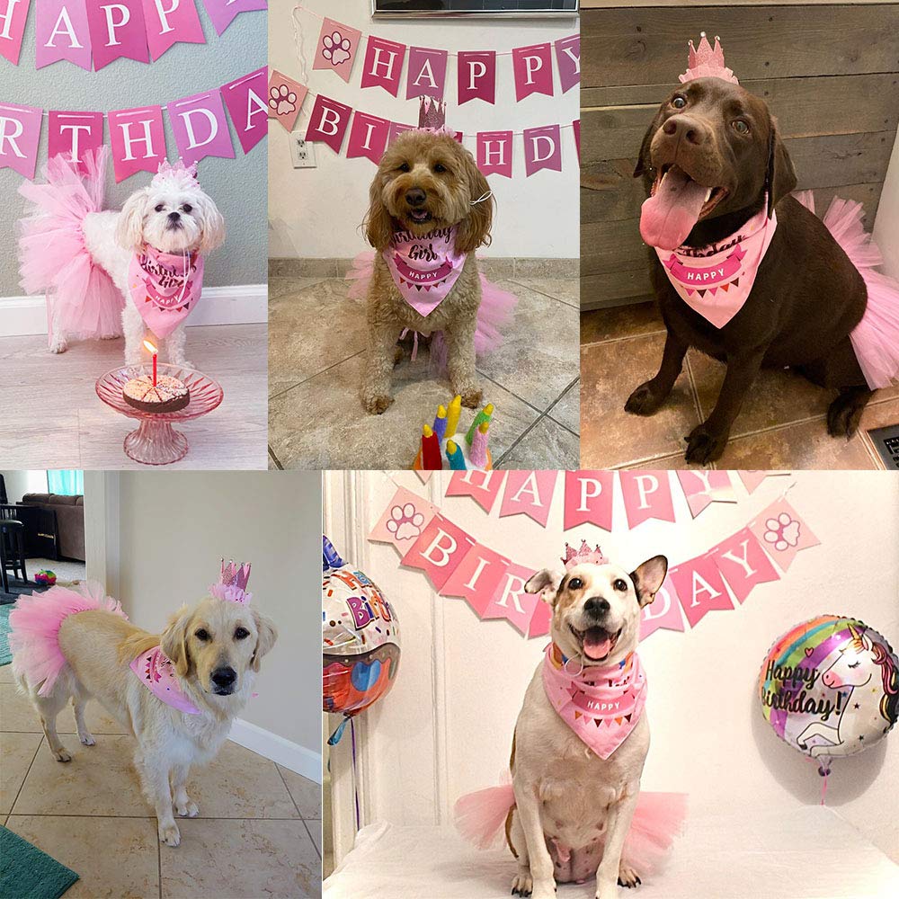Adoggygo Dog Birthday Hat Bandana Girl - Pet Birthday Party Supplies - Pink Dog Tutu Hat Scarf Banner Set For Extra Large Dogs (