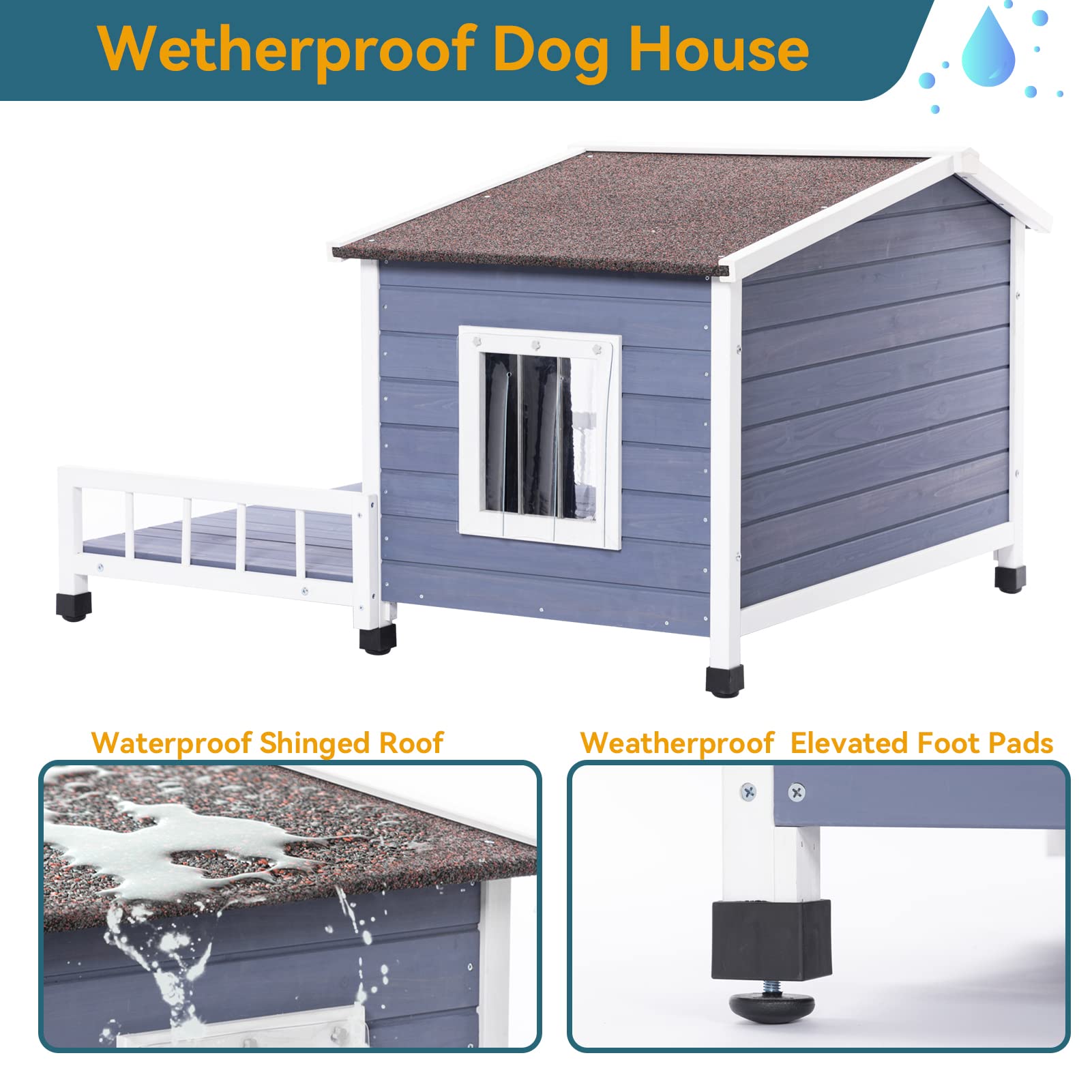 Yopto Wooden Dog House With Detachable Patio And Open Waterproof Asphalt Roof,Outdoor Dog Kennel W/Side Window,Front Door Design