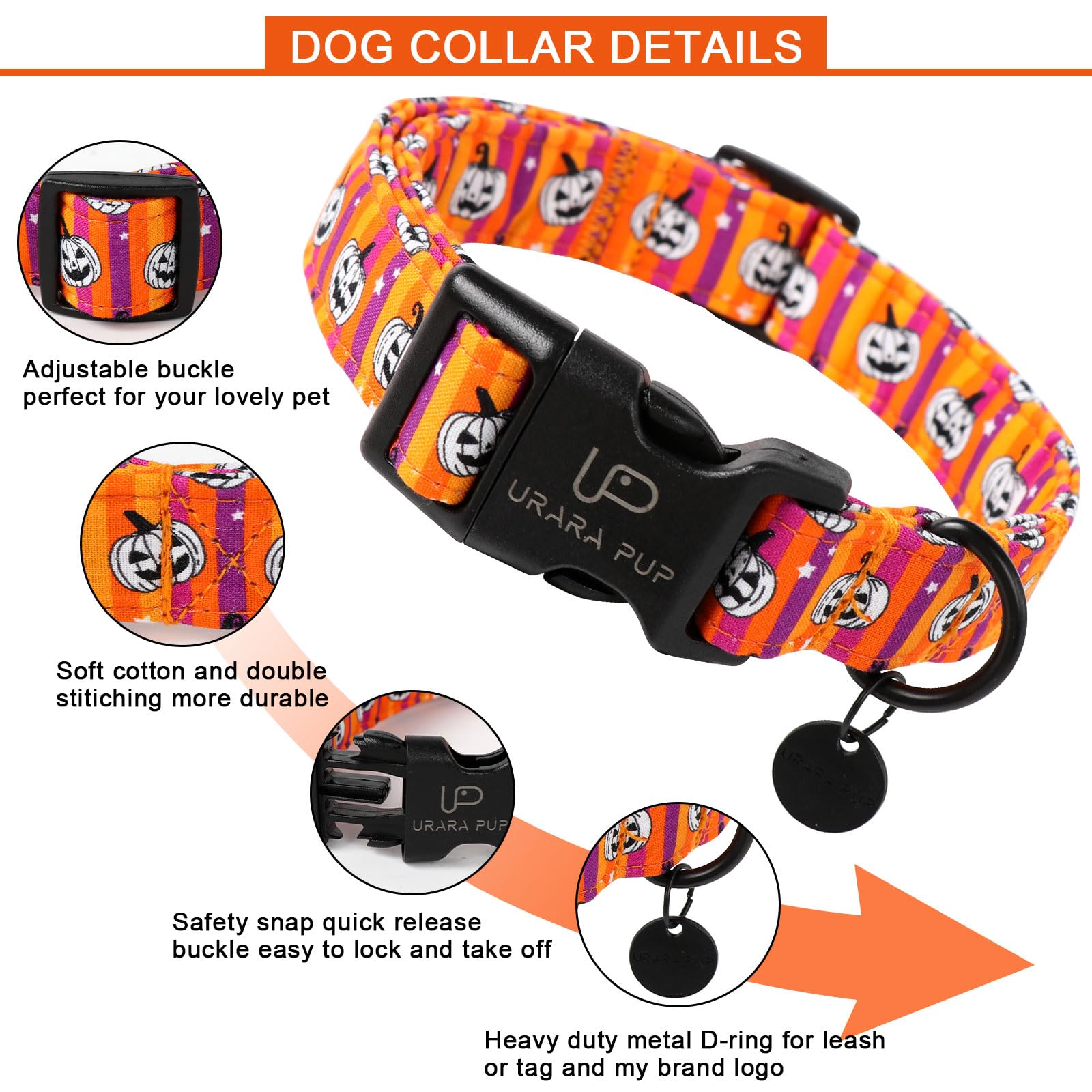 Up Urara Pup Halloween Dog Collar, Autumn Cotton Collar For Puppy Girl Dog Or Cat, Halloween Pumpkin Collar With Lightweight Pla