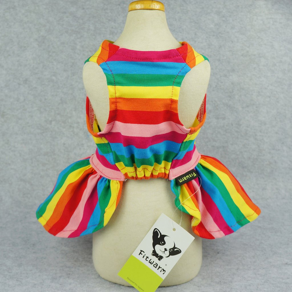 Fitwarm Rainbow Striped Dog Dress, Summer Dog Clothes for Small Dogs Girl, Pet Cat Outfit, 100% Breathable Cotton, Red Yellow Bl