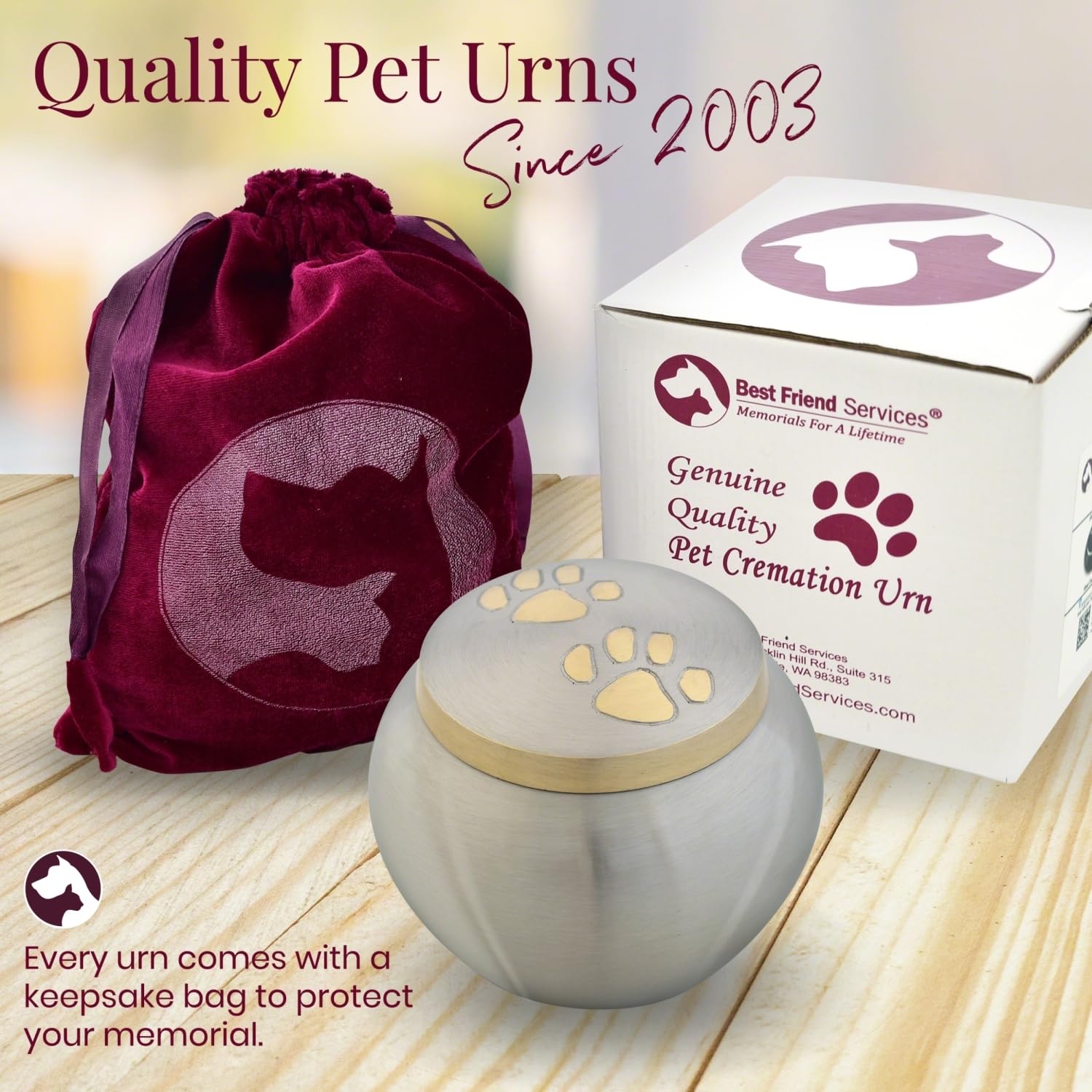 Best Friend Services Pet Urn - Memorial Cremation Pet Urns For Dog And Cat Ashes, Hand Carved Mia Series Urn For Pets Up To 25 Lbs (Small, Pewter, Double Brass Paws)