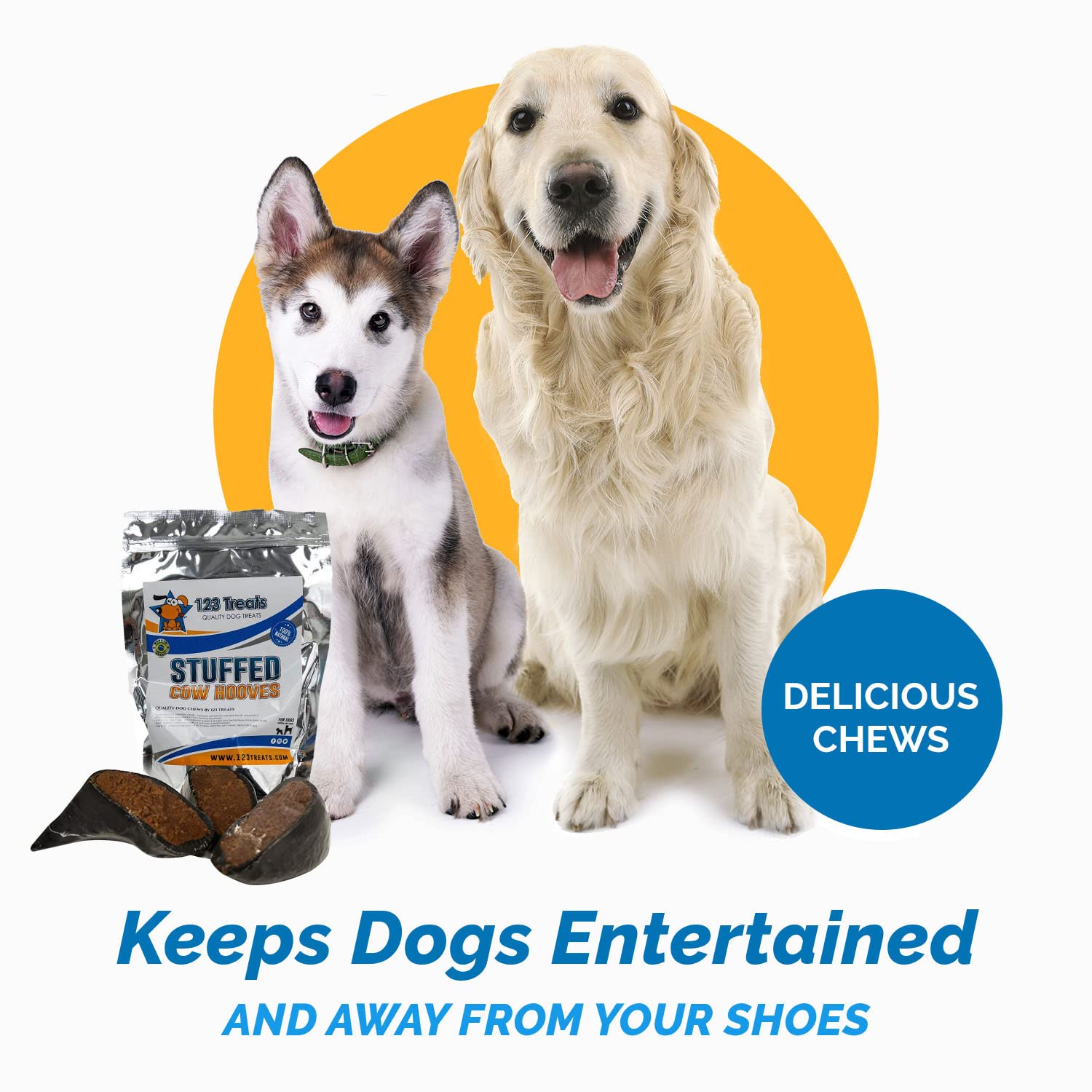 123 Treats Filled Cow Hooves for Dogs - Delicious Peanut Butter Flavor Dog Treats (3 Count), Long-Lasting Natural Dog Chews, Stu