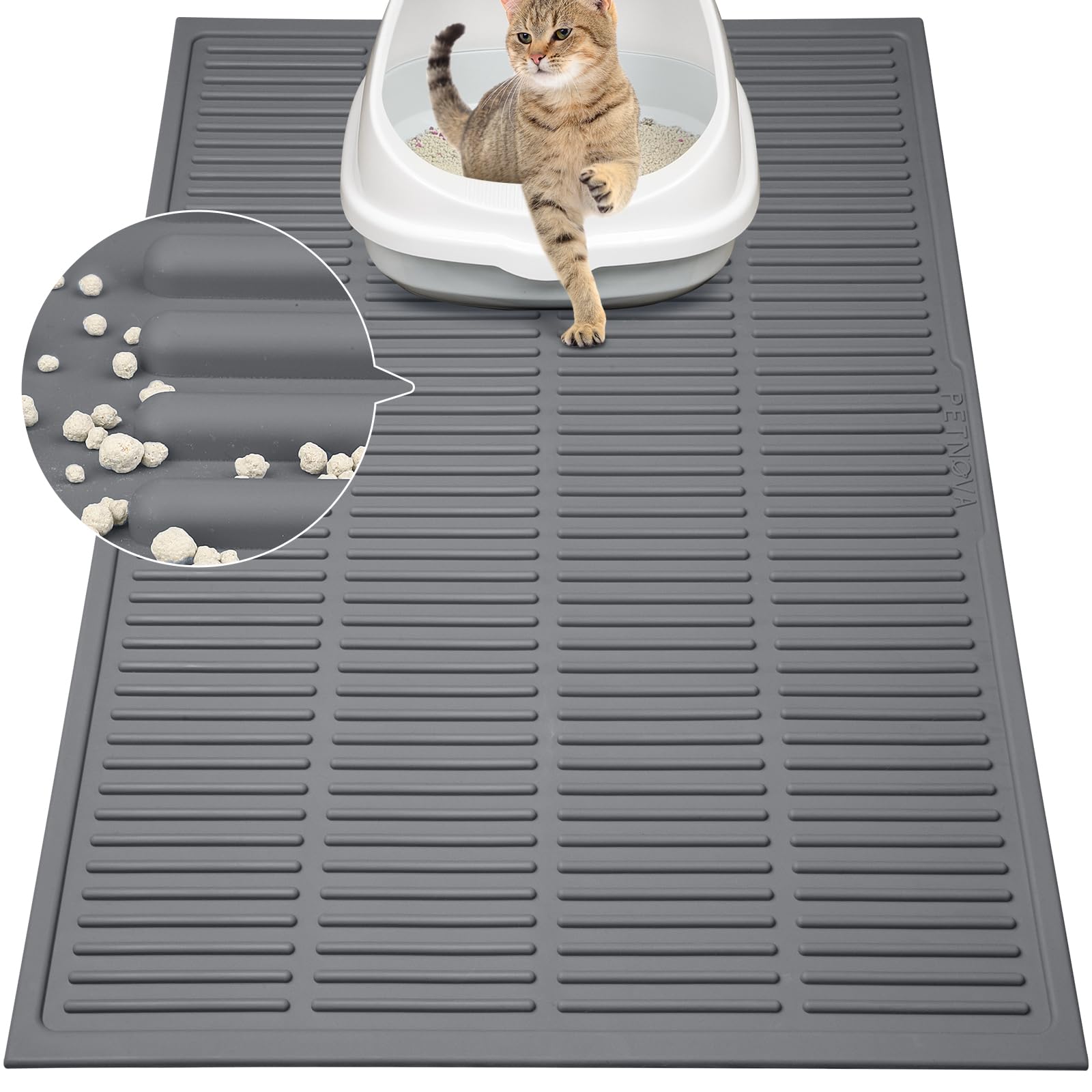 Petnova Large Silicone Litter Mat: 32'' X 21'' Groove Design Litter Trapping Mat Easy To Clean - Waterproof Urineproof Raised Ed