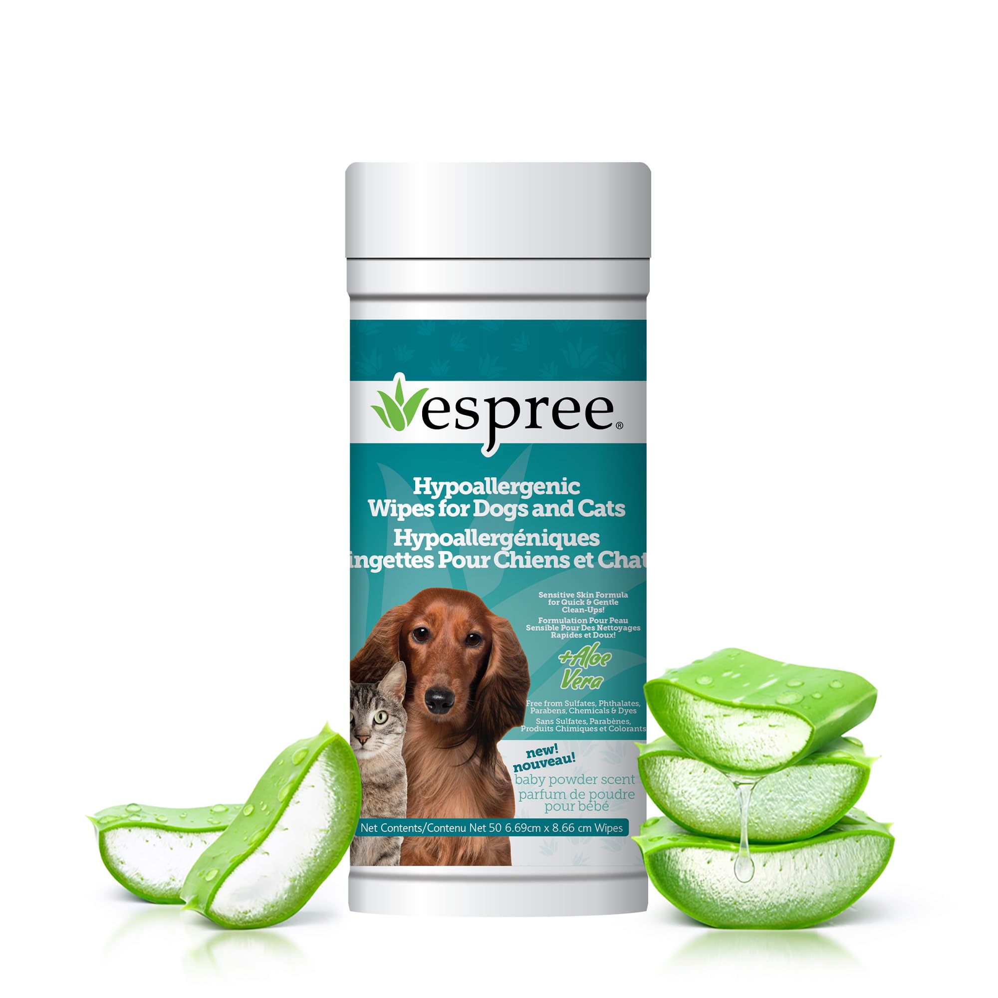 Espree Pet Hypoallergenic Aloe Wipes, Cleaning and Odor-Controlling Grooming Wipes for Paws, Cat Grooming, Dog Care, Perfect for