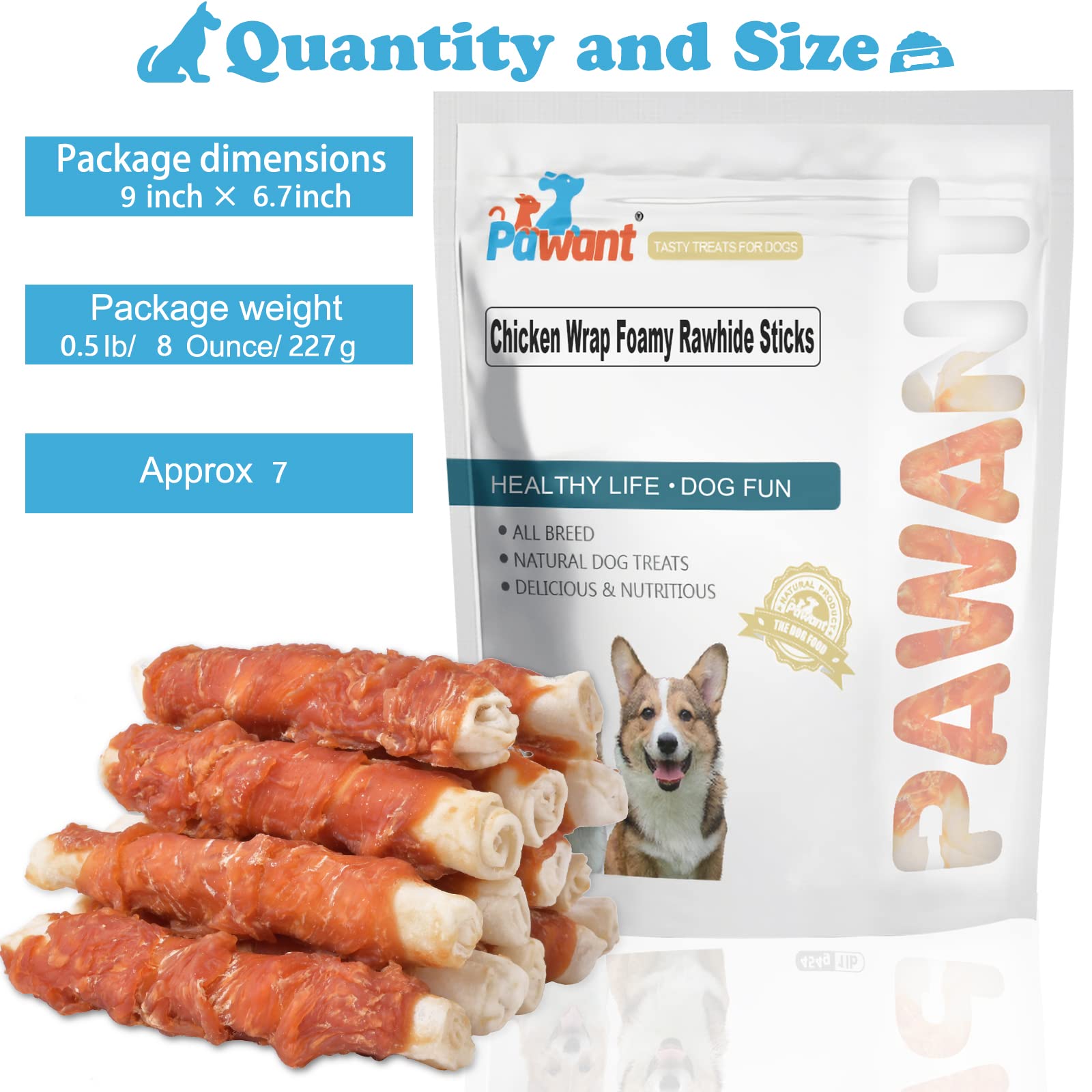 Pawant Dog Treats Chicken Wrapped Rawhide Rolls - Healthy Chews for Large Dogs, 0.5lb/227g