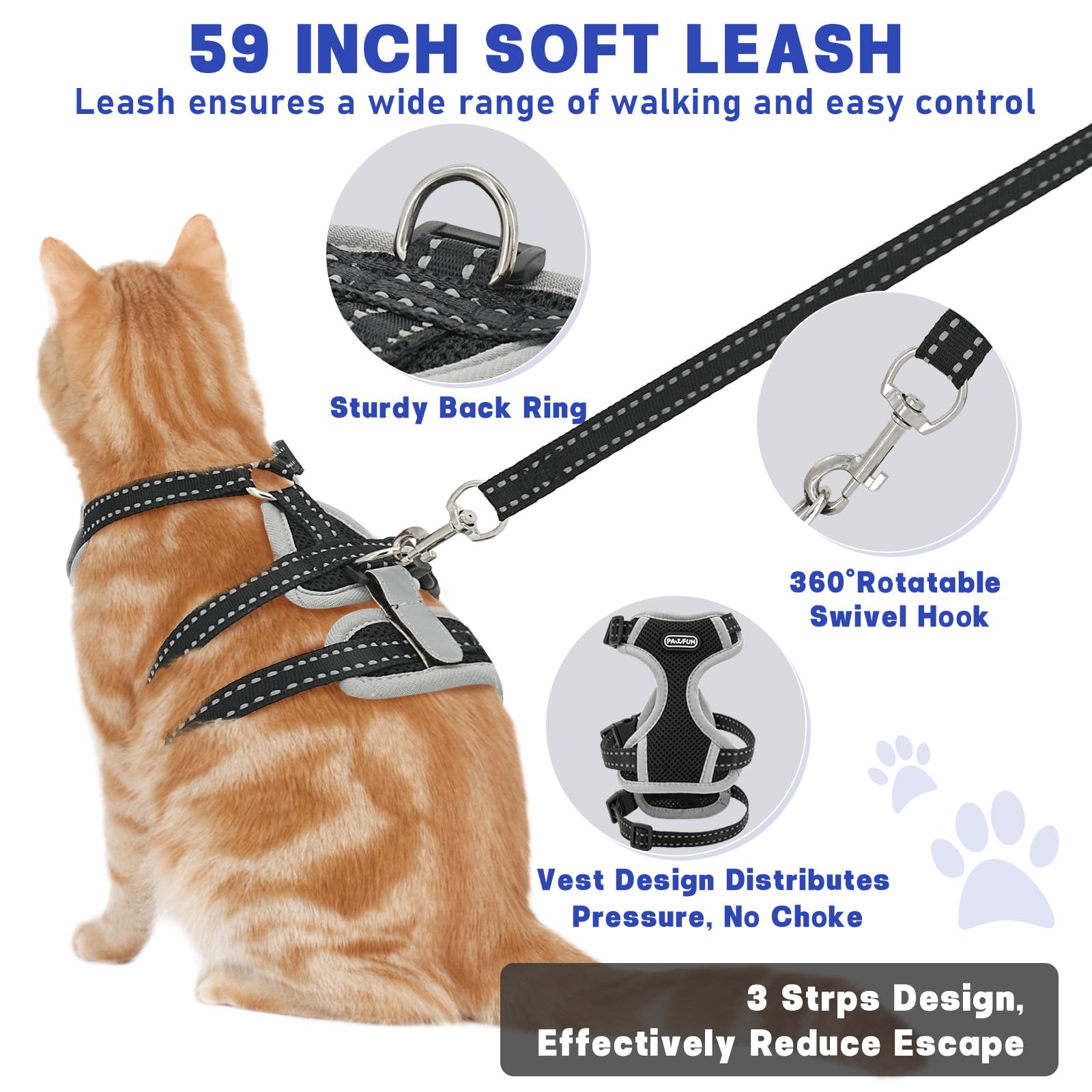 Cat Harness For Walking, Escape Proof Cat Harness And Leash Set With Reflective Strip, Adjustable Cat Leash Breathable Soft Vest