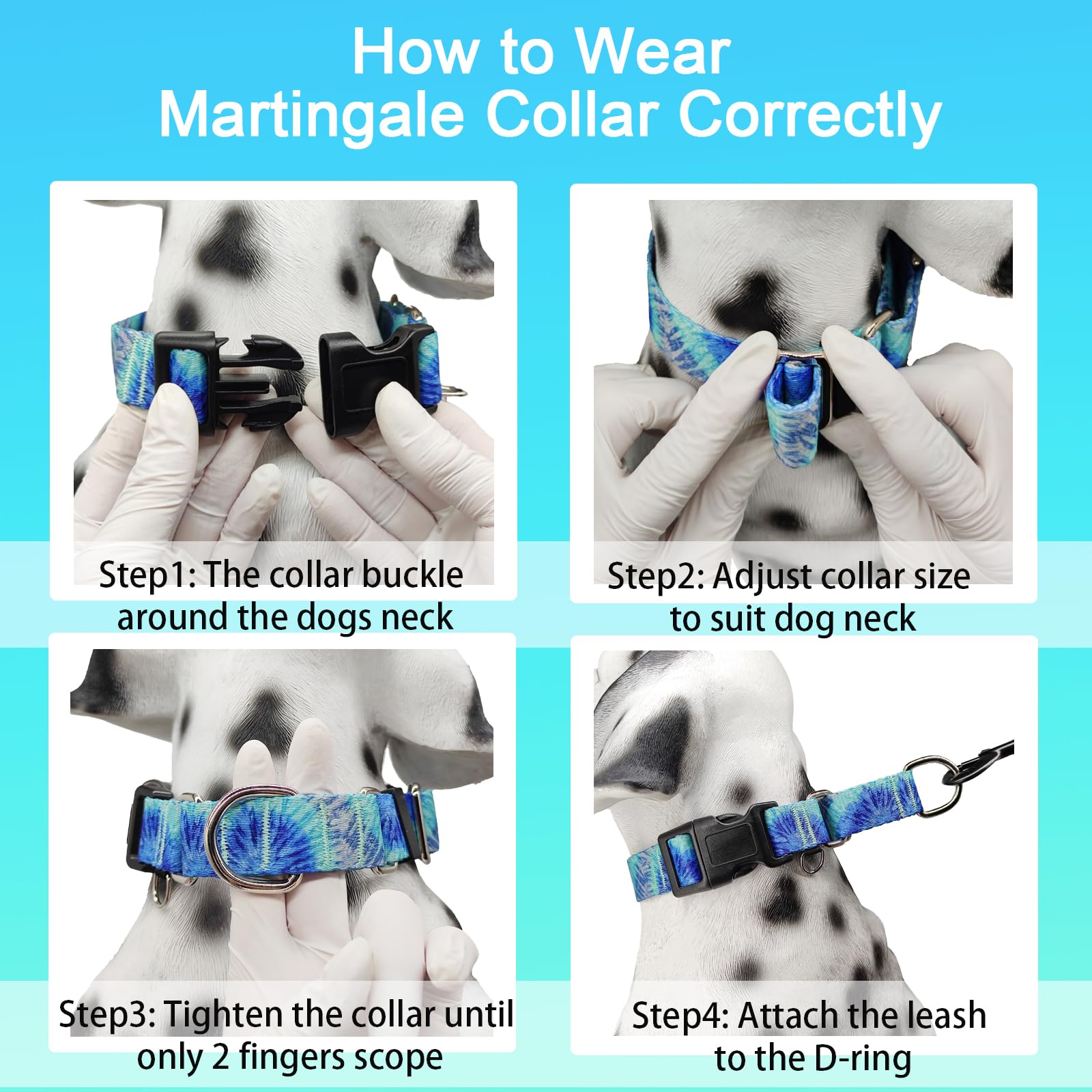 Fidohug Martingale Collar With Buckle Blue Tie Dye Training Collar Adjustable Nylon Boy Dog Collars (Blue Teal, Large)