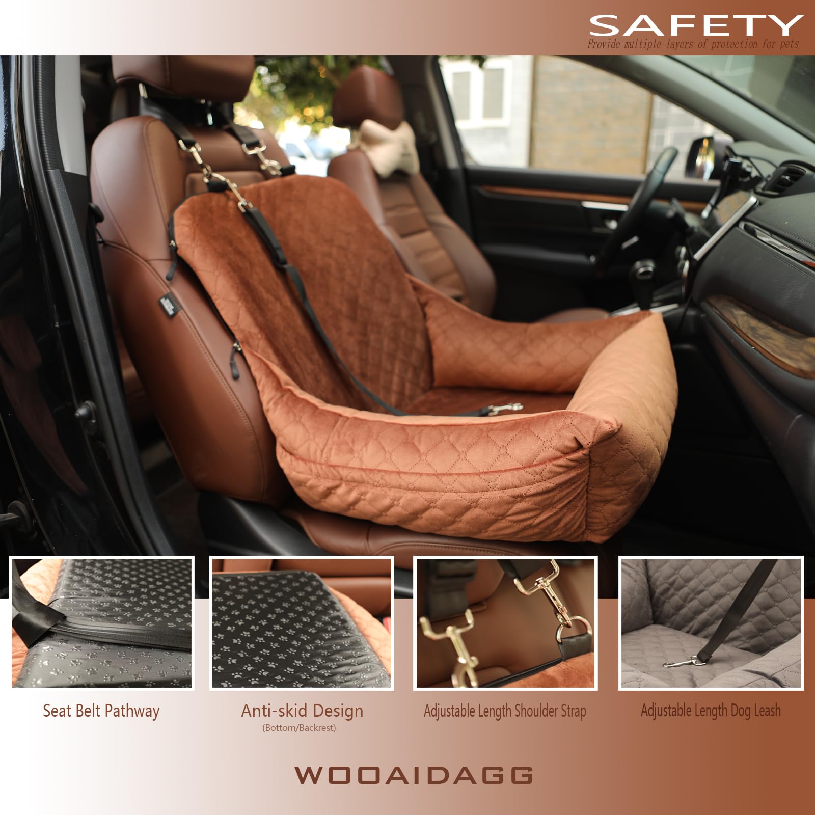 WOOAIDAGG Dog Car Seat for Small Dogs,Easy to Assemble,Comfy Cushion Fill in Memory Foam,2 Clip-On Safety Leashes and Storage Po