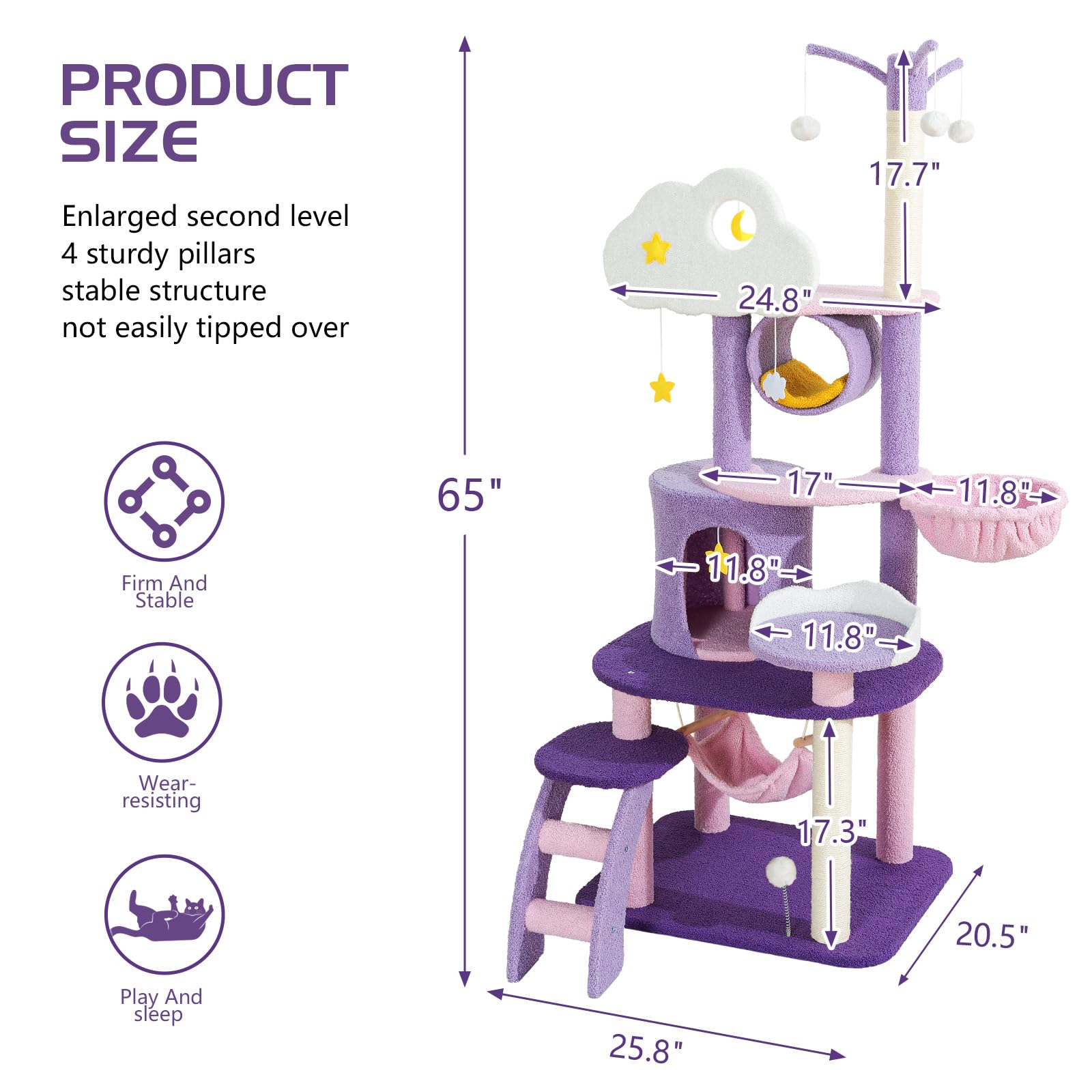 Lucky Monet Cute Cat Tower 65 Inches, Unique Cat Tree Large Tall For Indoor Cats, Purple Pink Cloud Big Cat Tree Cat Castle Mans