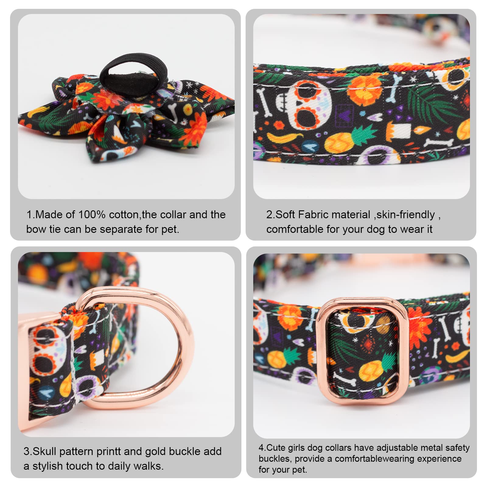 Hilkycton Dog Collar And Leash Set With Flower Bow Tie Girls Dog Collar Metal Buckle Adjustable For Small Medium Large Dogs Skul