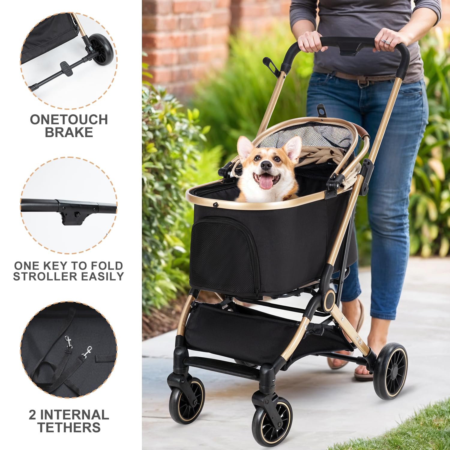 3 In 1 Pet Stroller With 4 Wheels, Foldable Pet Travel Carrier For Small/Medium Dogs Cats Up To 50Lbs, Detachble Portable Pet Ba