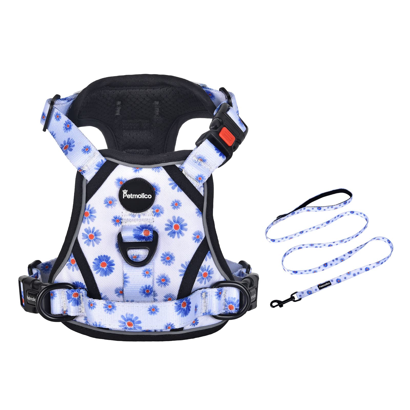 Petmolico No Pull Dog Harness And Leash Set, No Choke 2 Leash Attchments Easy Control Handle Soft Padded Reflective Vest Pet Har