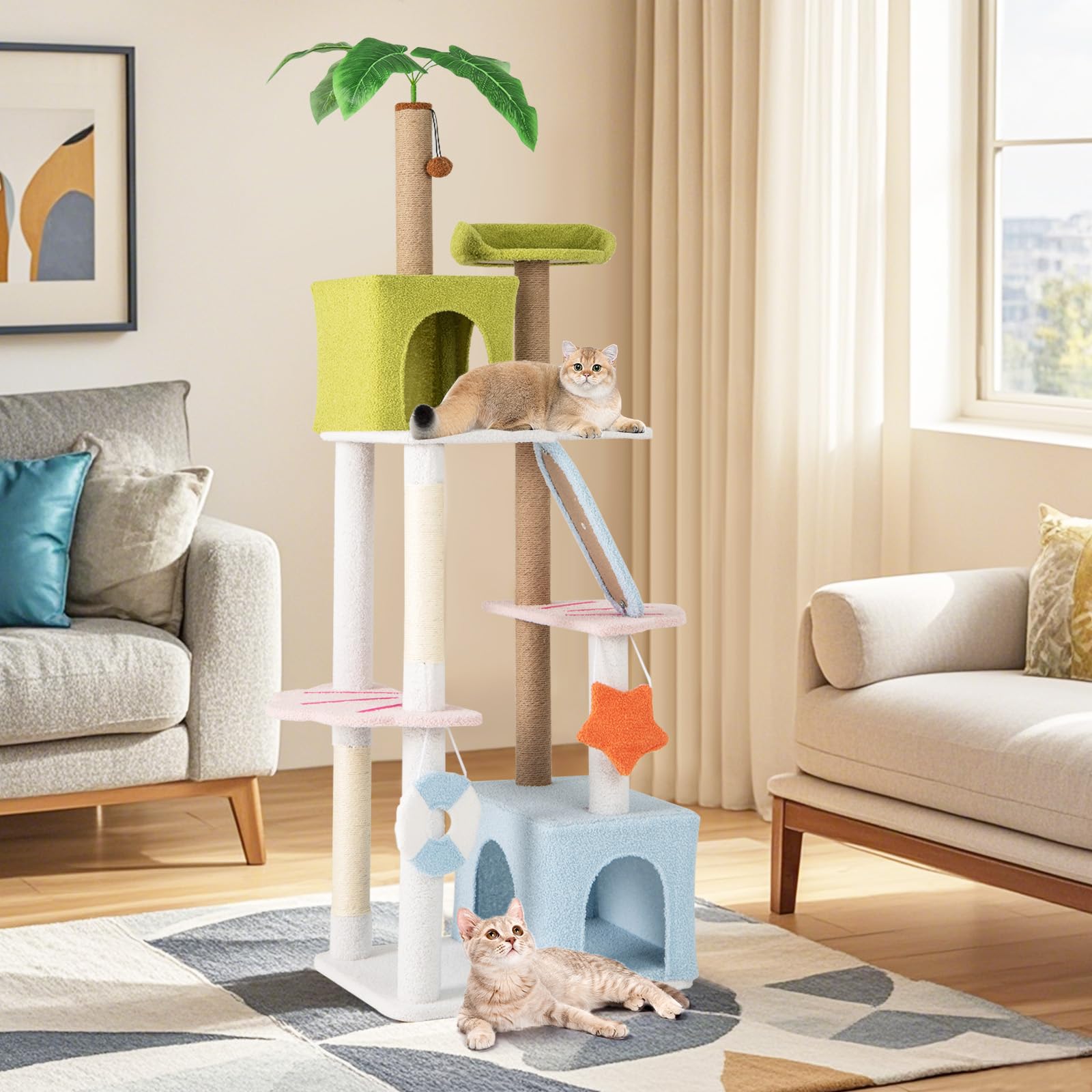 Tangkula 71 Inch Tall Cat Tree, Multi-Level Aesthetic Beach-Themed Cat Tower With Sisal & Jute Scratching Posts, 2 Cat Condos, P