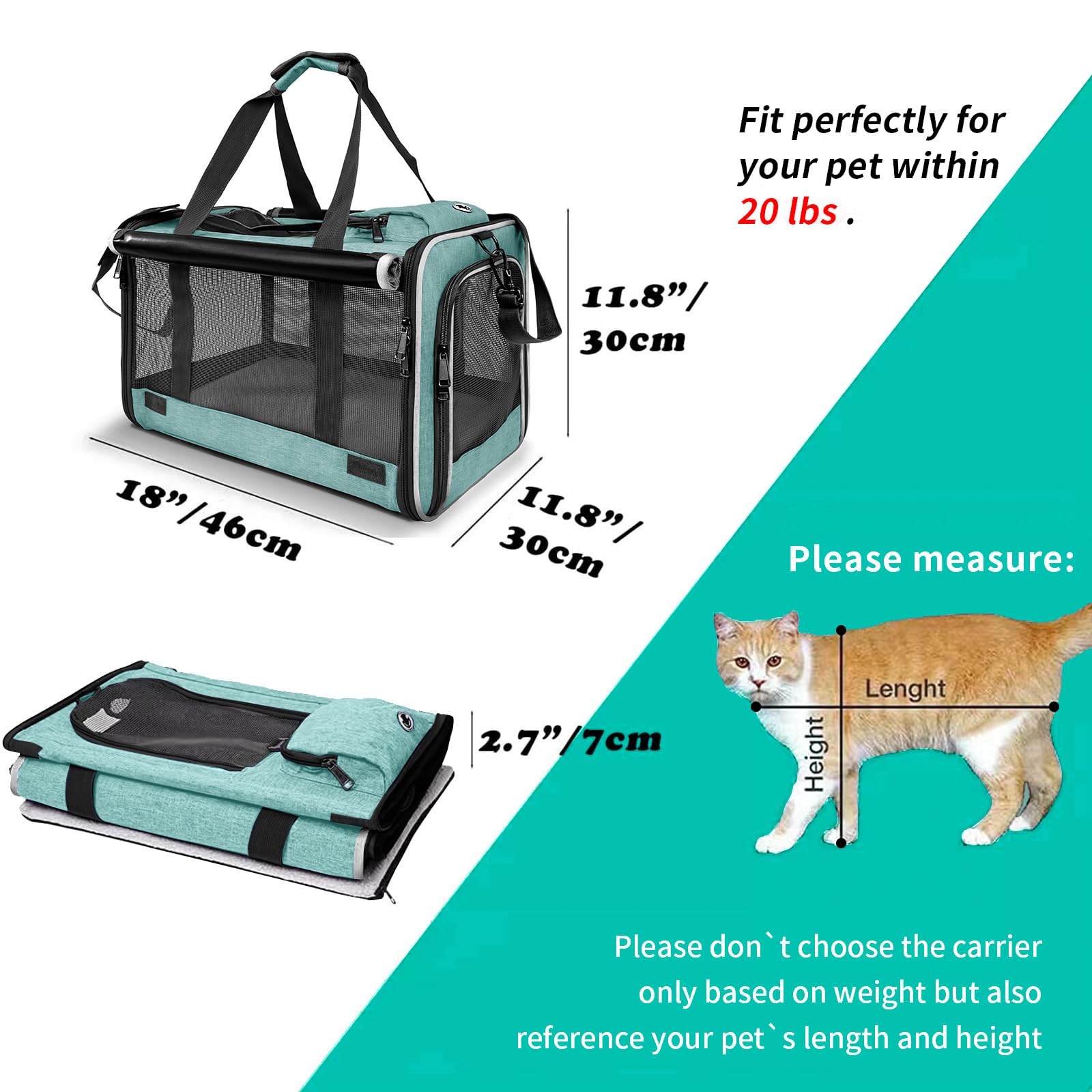 Gapzer Small Dog Carrier For Puppy Yorkshire Softshell Car Transport Chihuahua Carry Cage 18-Inch Collapsible Doggie Vet Visit Crate Easy Load Roomy Pet Carrier Bag Kennel Dog Essentials Teal