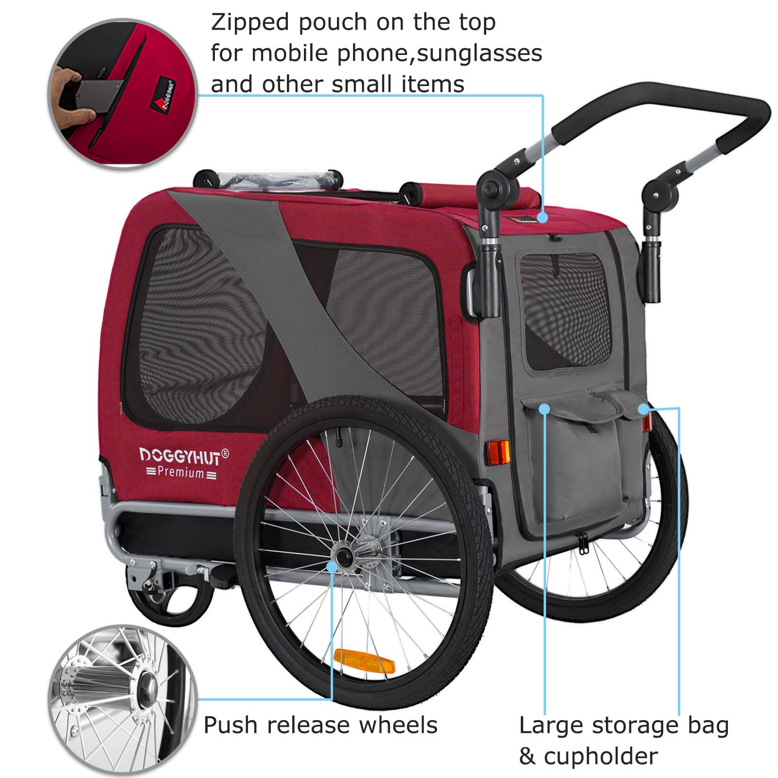 Doggyhut Premium Large Pet Bike Trailer & Stroller For Medium Or Large Dogs,Bicycle Trailer For Dogs Up To 78 Lbs