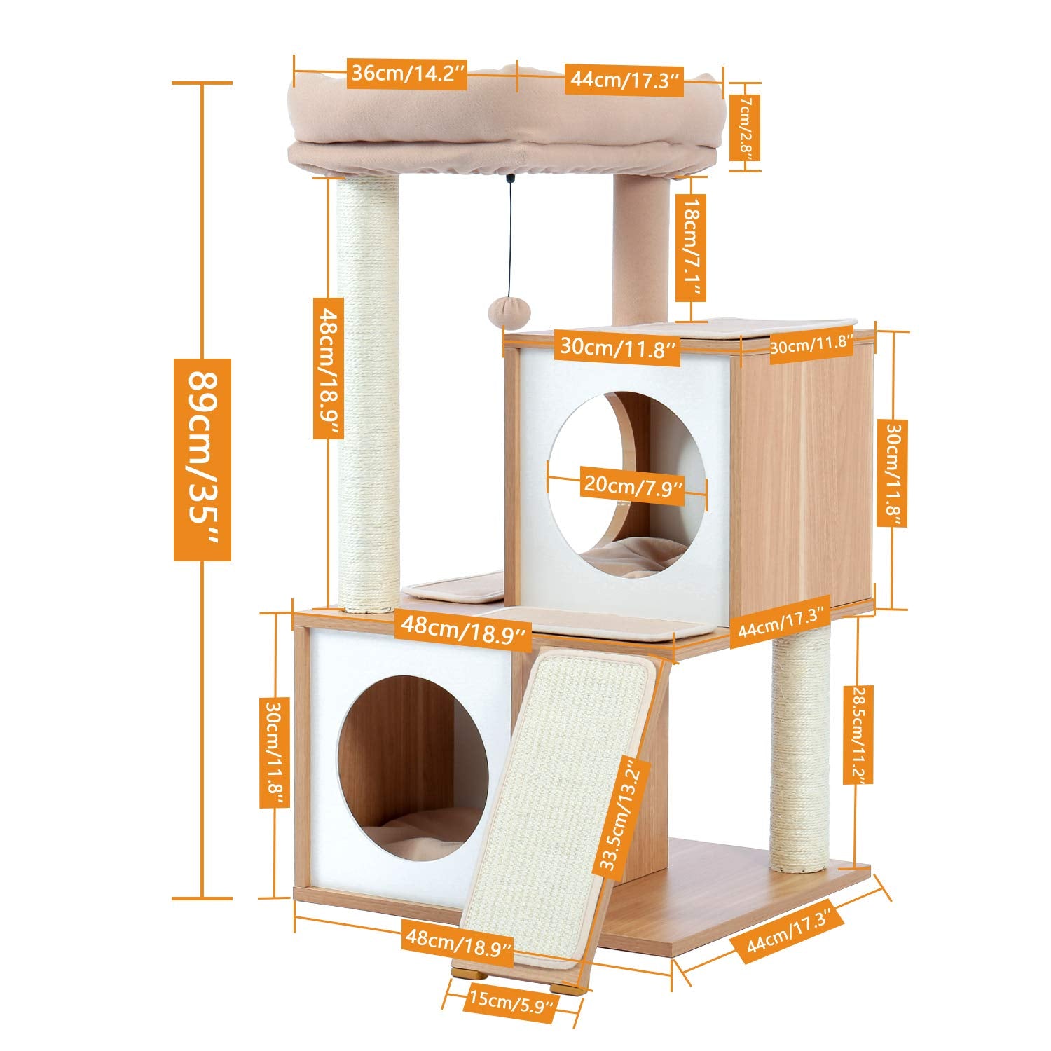 Pawz Road Cat Tree 35 Inches Wooden Cat Tower With Double Condos, Spacious Perch, Fully Wrapped Scratching Sisal Posts And Repla