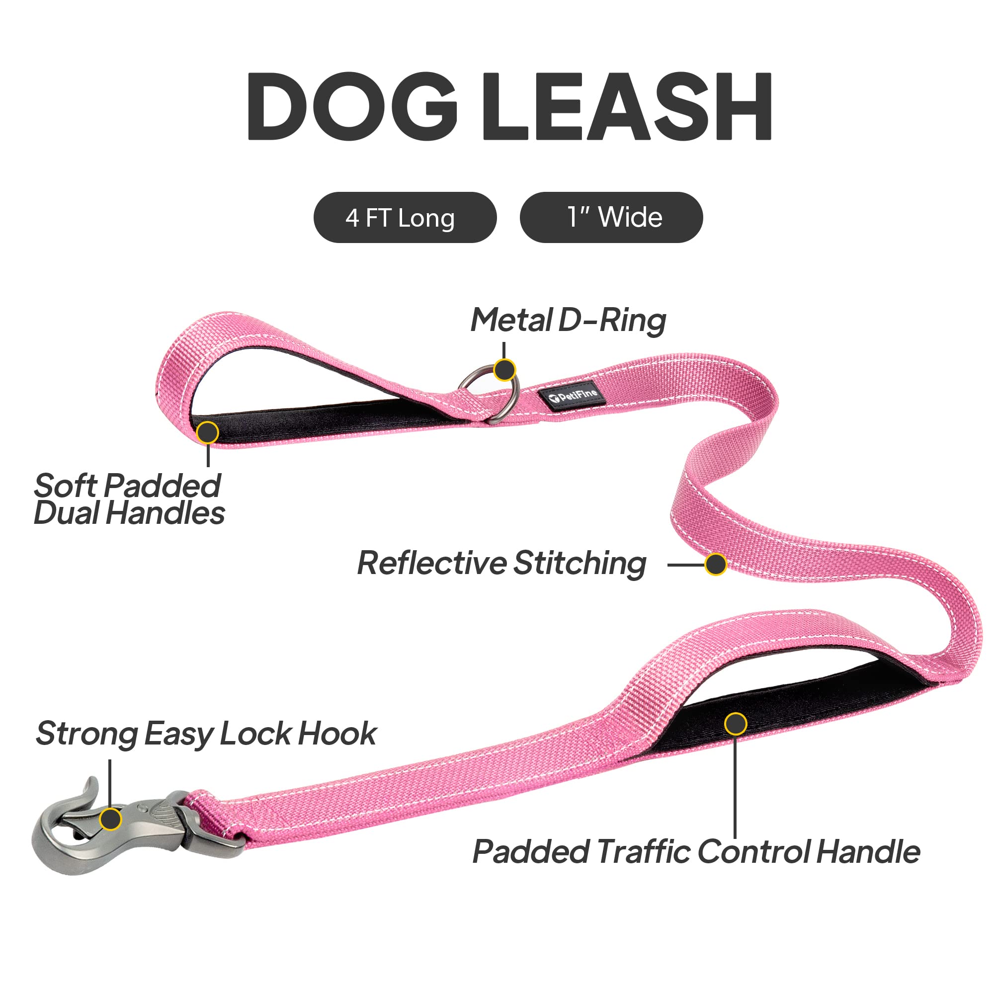 Petifine 4Ft Heavy Duty Dog Leash With Soft Padded Double Handle, Durable Strong Clasp Dog Leashes, Reflective Nylon Walking Lead For Large,Medium,Small Breed Dogs, Pink