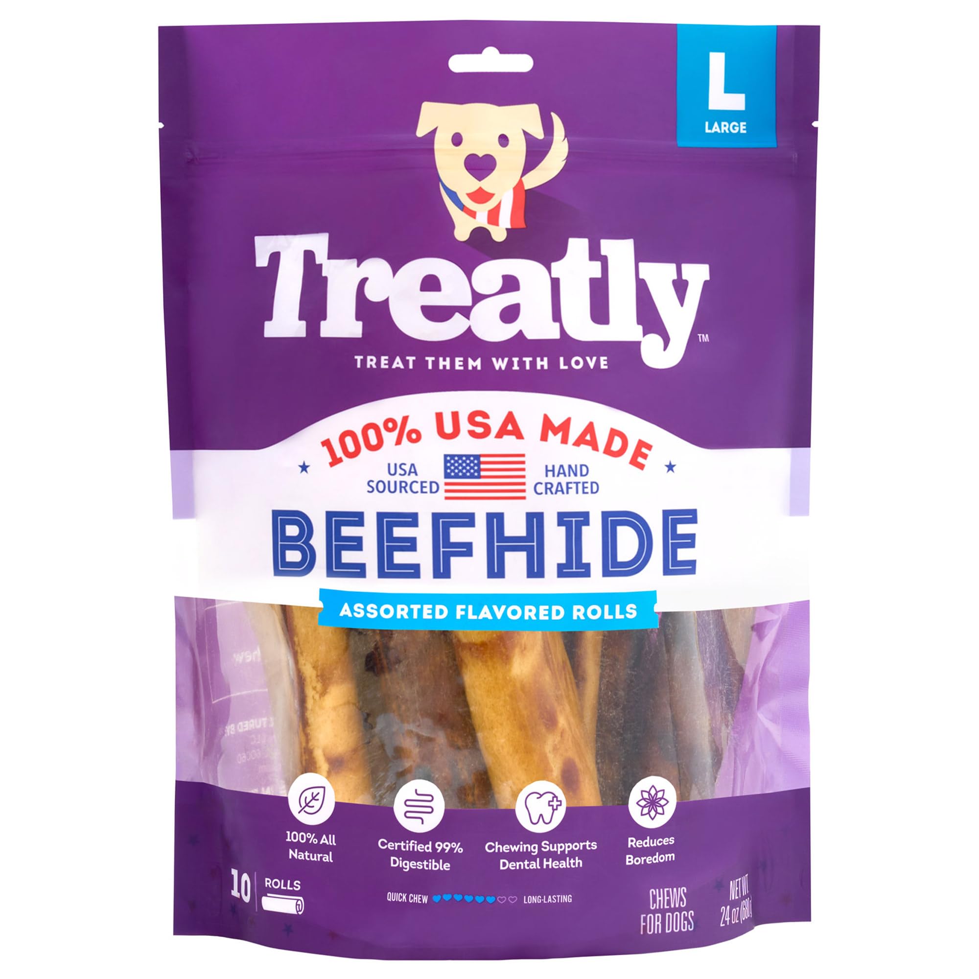 Treatly USA Beefhide Rolls 8-9 Dog Chew Treats - Chicken & Beef Flavor, 10 Count/1 Pack