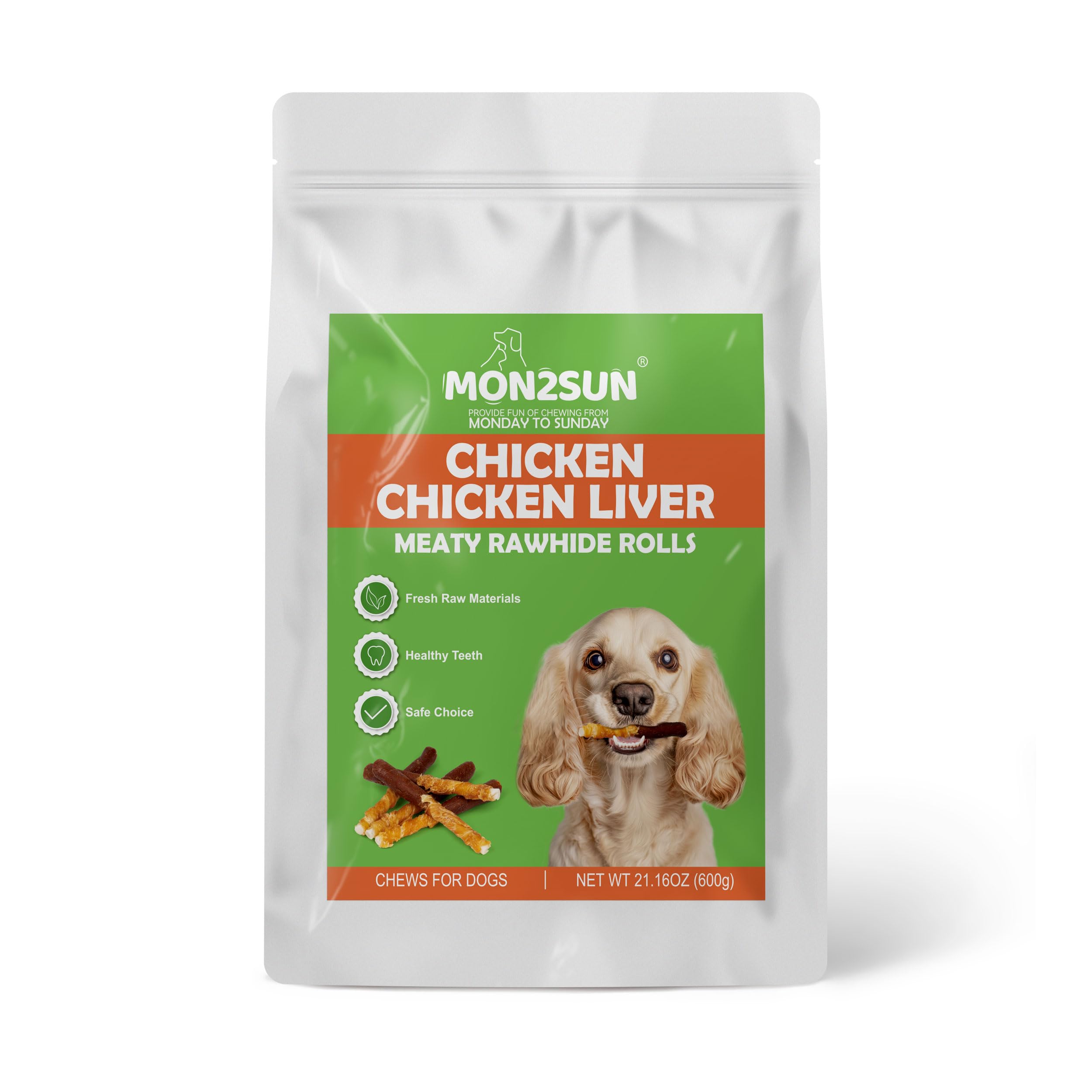 MON2SUN Dog Treats 5 Inch Double Flavor Chicken & Chicken Liver Wrapped Rawhide Sticks, Teeth Cleaning for Small Dogs, 21.16 oz