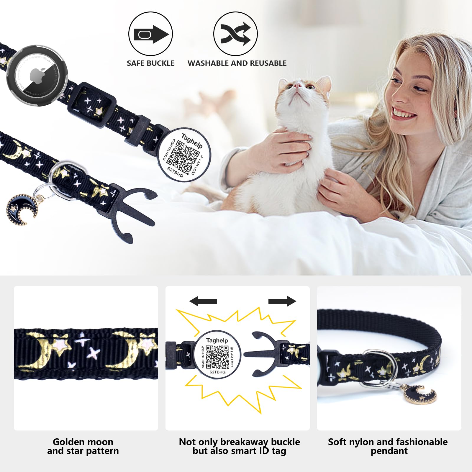 Waterproof Airtag Cat Collar Breakaway With Bell,Moon And Stars Pendant,Reflective Kitten Collar With Apple Airtag Holder,Safety
