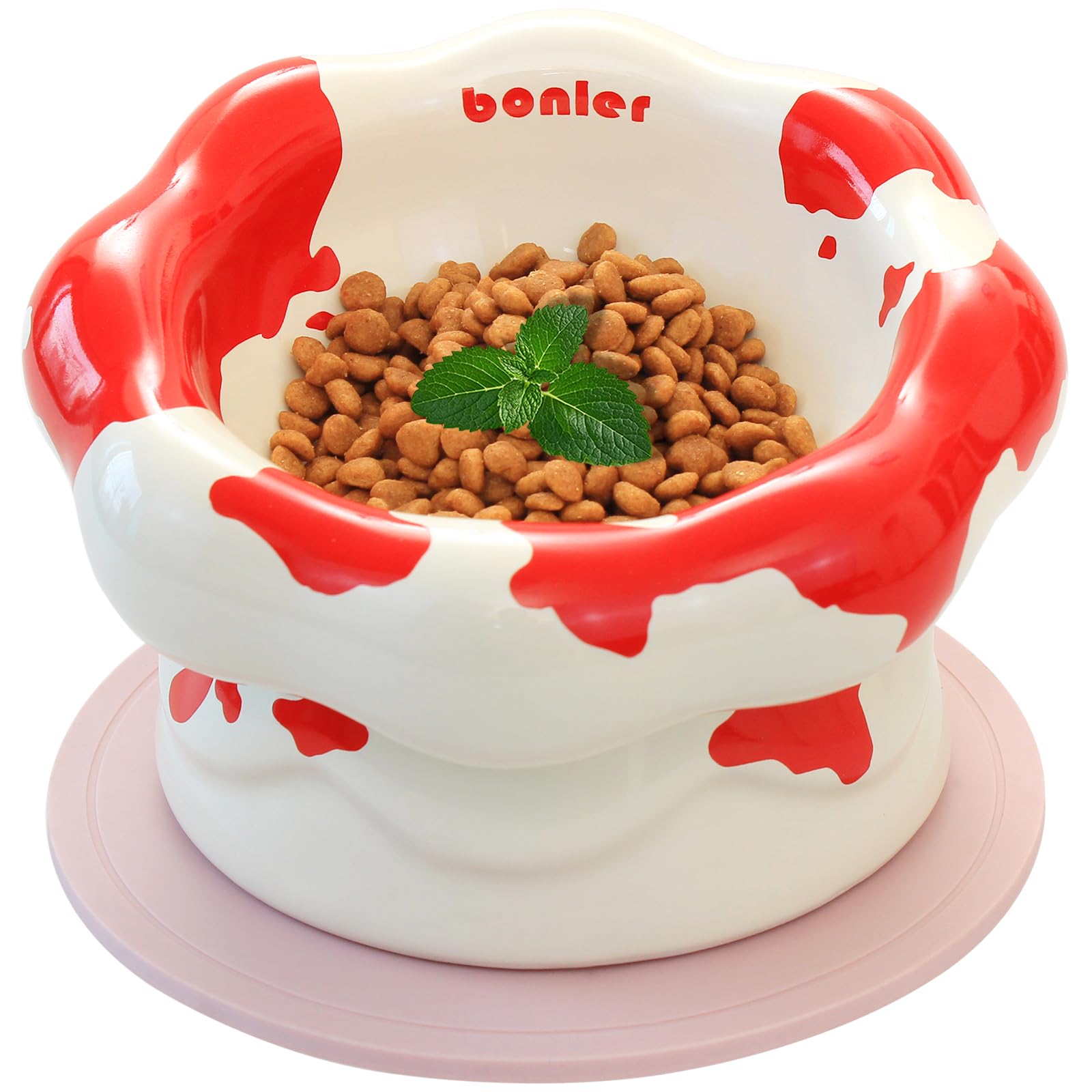 Cloud-Shaped Ceramic Cat Bowl - Elevated Raised Design For Indoor Cats & Kittens,Tilted Anti-Vomiting Shallow Dish With Spine Pr