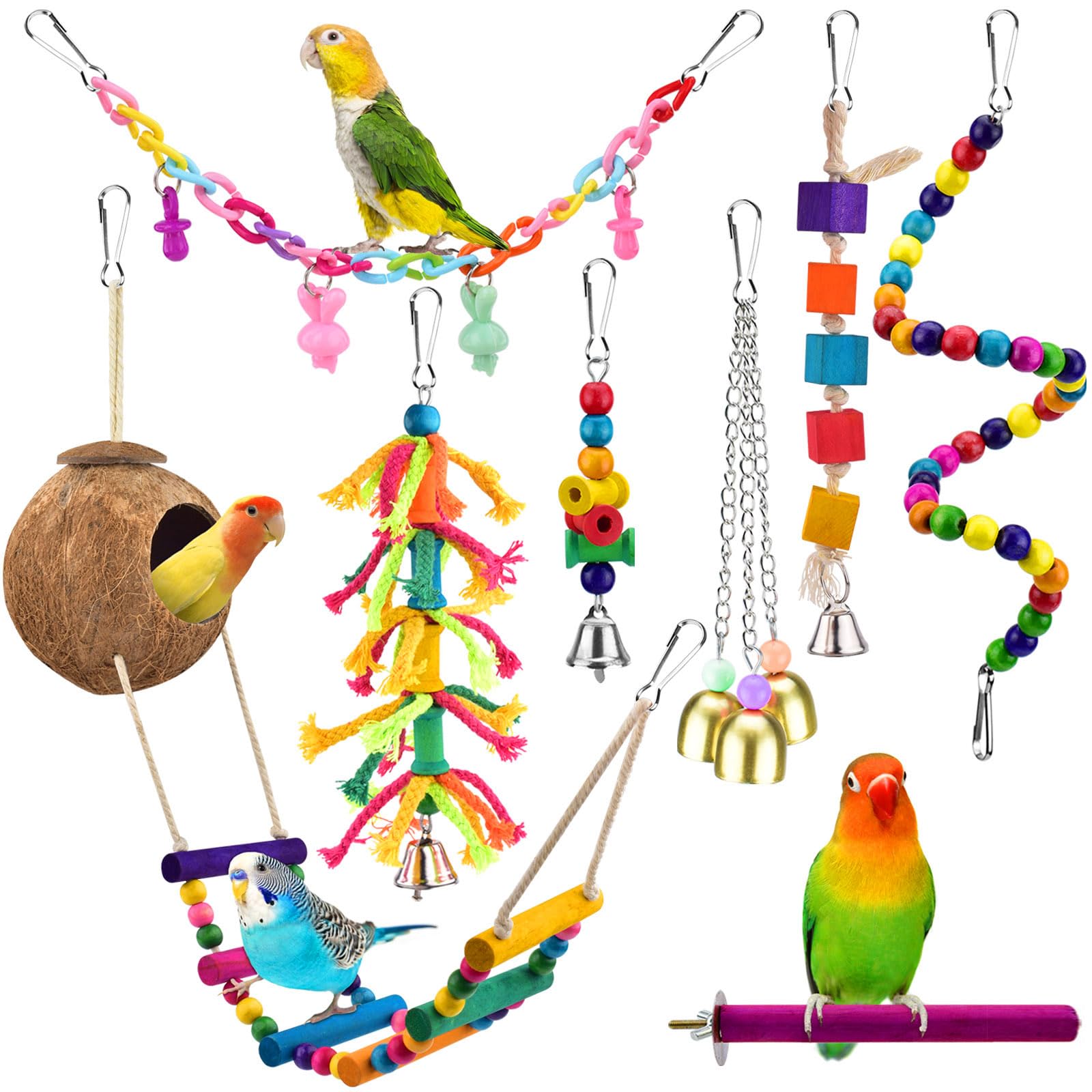 Katumo Bird Toys, Parrot Swing Parakeet Ladder Conure Wood Perch Bird Chew Toys Cockatiel Hanging Bell Toys For Parakeet, Conure