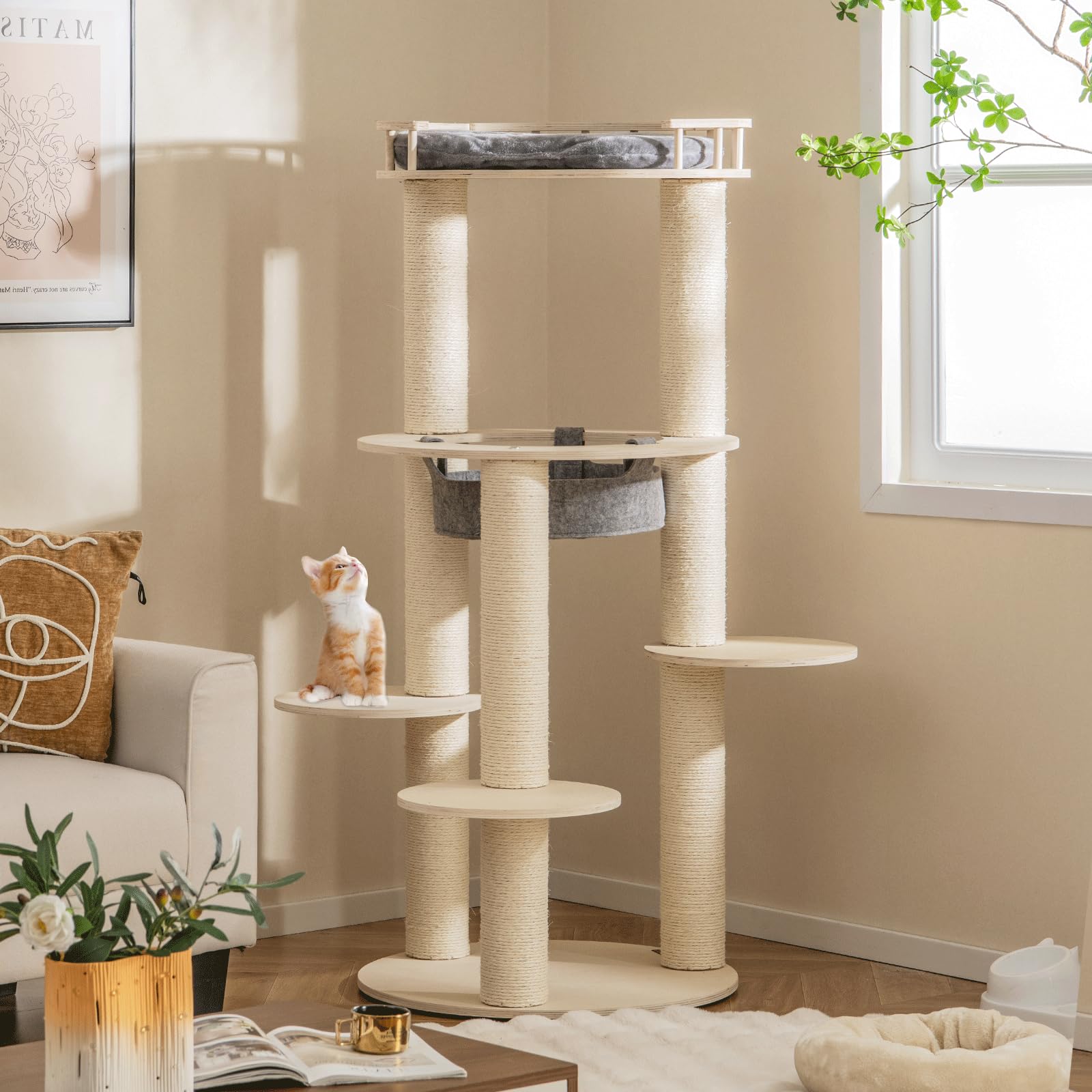 Petsite 59 Inch Tall Cat Tree Tower, Multi-Level Cat Tower With Sisal Scratching Posts, Non-Woven Cat Hammock, Cozy Top Perch, A