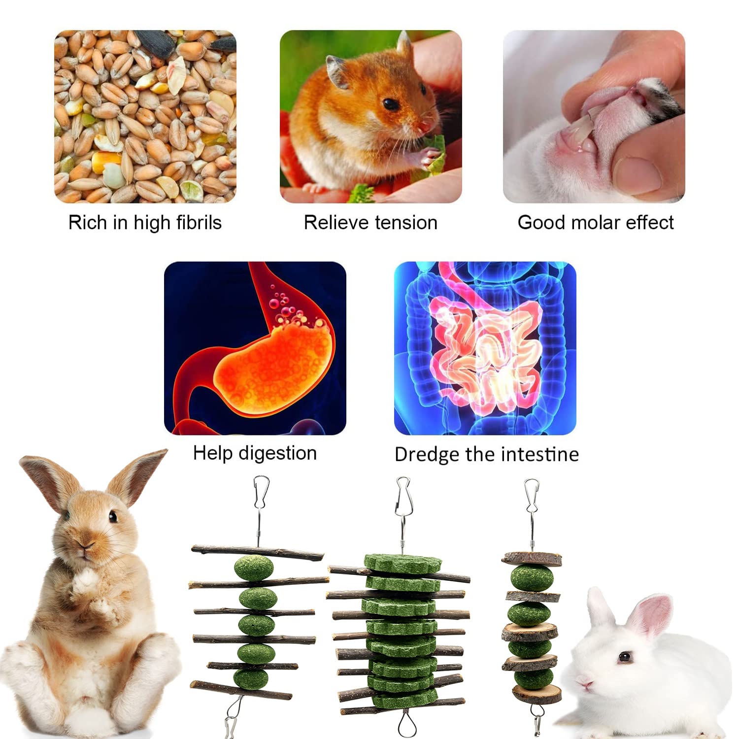 3 Pcs Bunny Teeth Grinding Chew Toys, Apple Branch Chewing Sticks With Grass Ball And Grass Cake For Rabbits Bunnies Hamsters Gu