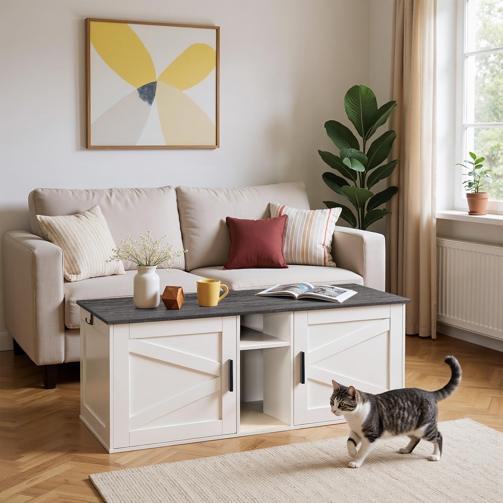 HOOBRO Double Litter Box Enclosure, Modern Cat Litter Box Furniture with Storage and Mat Design, Farmhouse Hidden Litter Box Enc