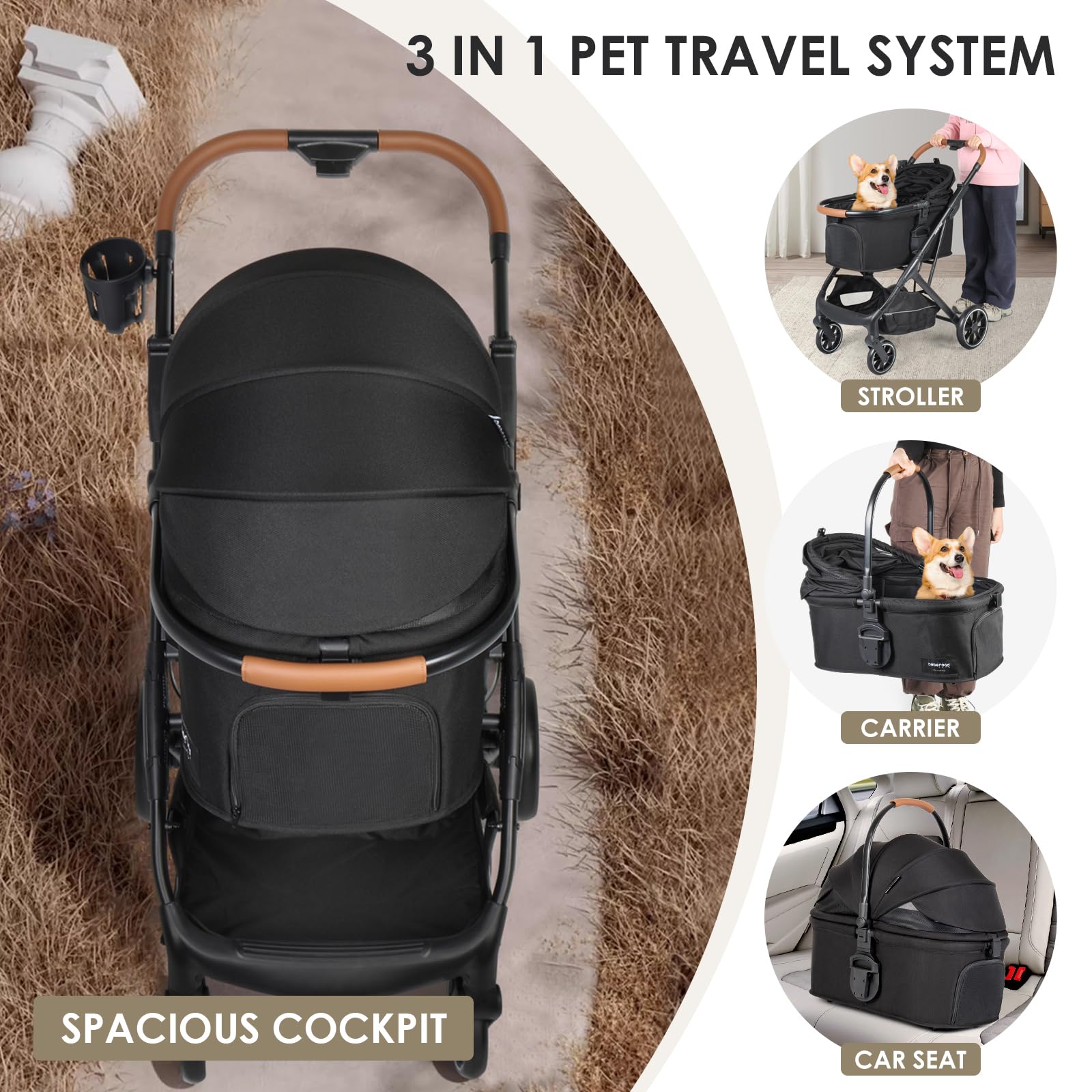 Beberoad Pets T6 Luxury Pet Stroller For Medium Dog Under 66Lbs Or 2 Small Dogs & Cats, Foldable And Carrier -Detachable (Black)