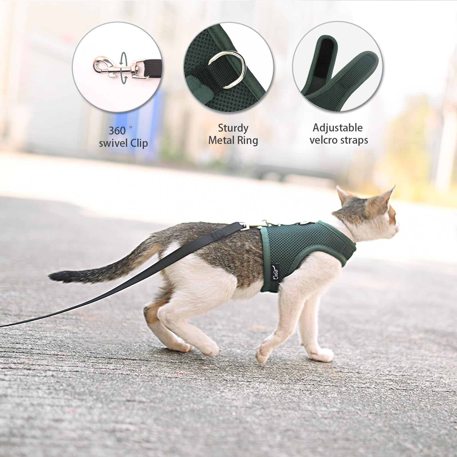 Kitty Harness And Leash For Walking Escape Proof Breathable Mesh Fabric, Solid Green, Small, Adjustable Cat Walking Jackets, Pad