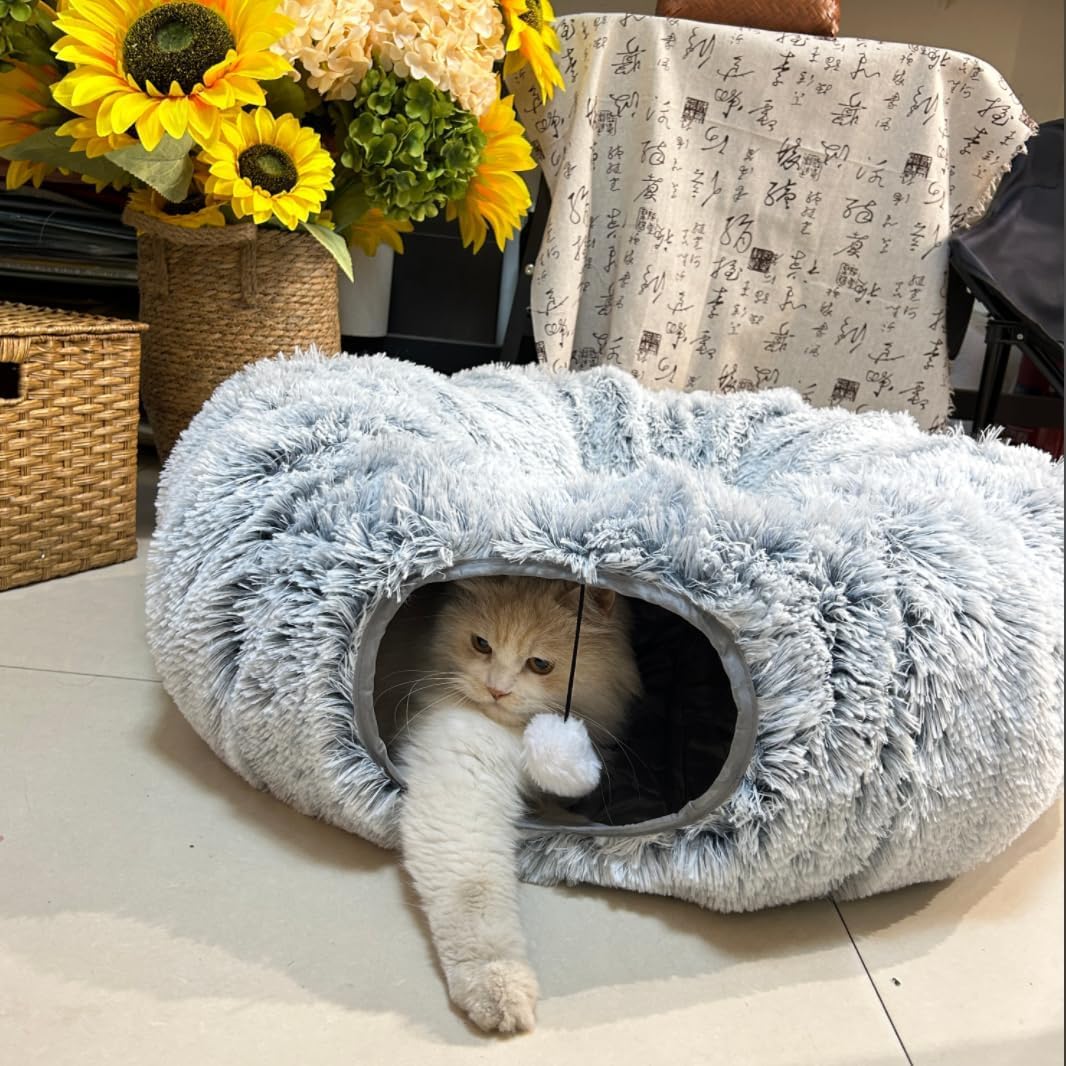 Mabaytir Cat Tunnel Bed For Indoor Cats Grey Plush, Collapsible Play Tube With Removable Cushion, Sturdy Cat Toy Playhouse, Soft