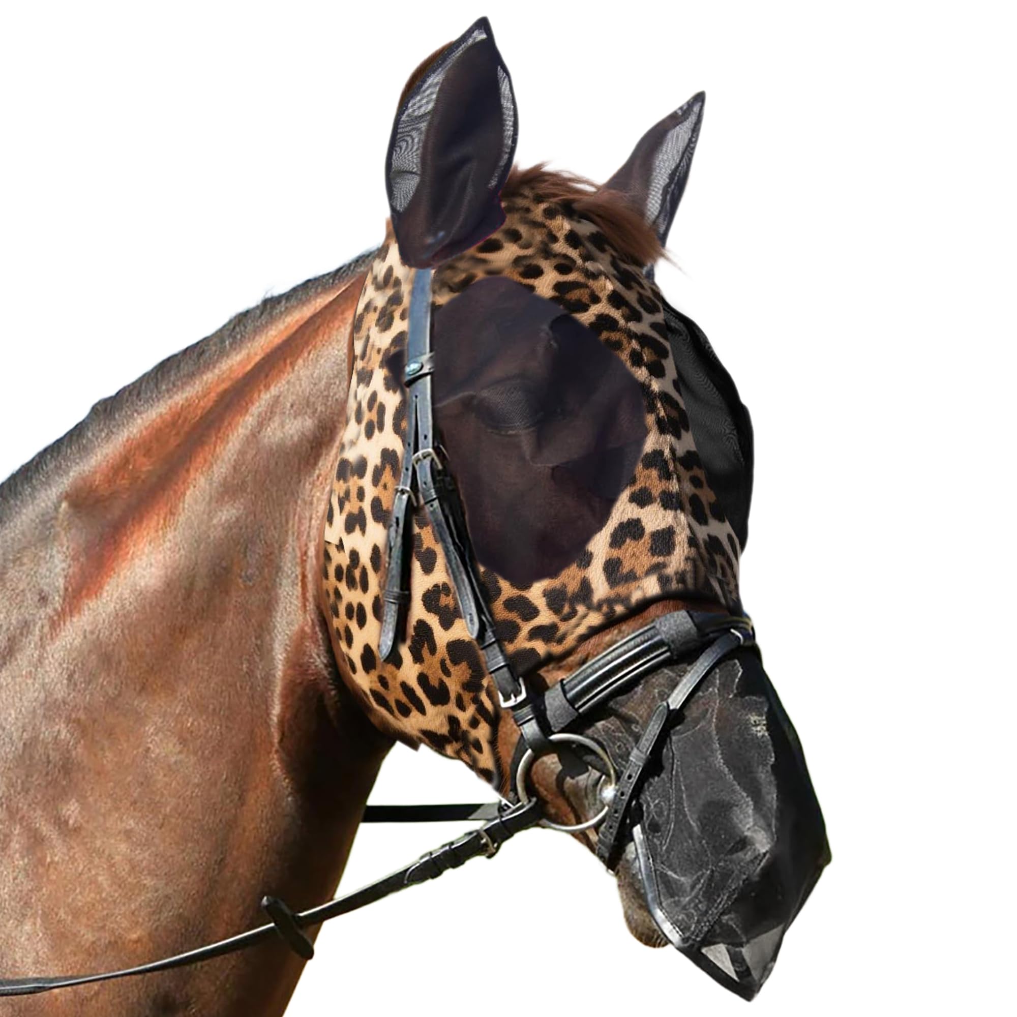 Qoroos 2 in 1 Set Detachable Horse Fly Mask with Nose Cover Fly Masks for Horses with Ears & Eyes Elastic for All Face UV Protec