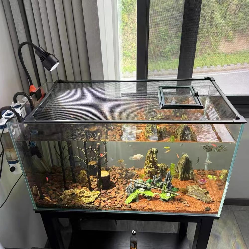 Adjustable Magnetic Fish Tank Lid Net Cover Max 27.5x 55.1, Aquarium Anti Jumping Mesh Hood Cover with Feeding Window,Terrariu