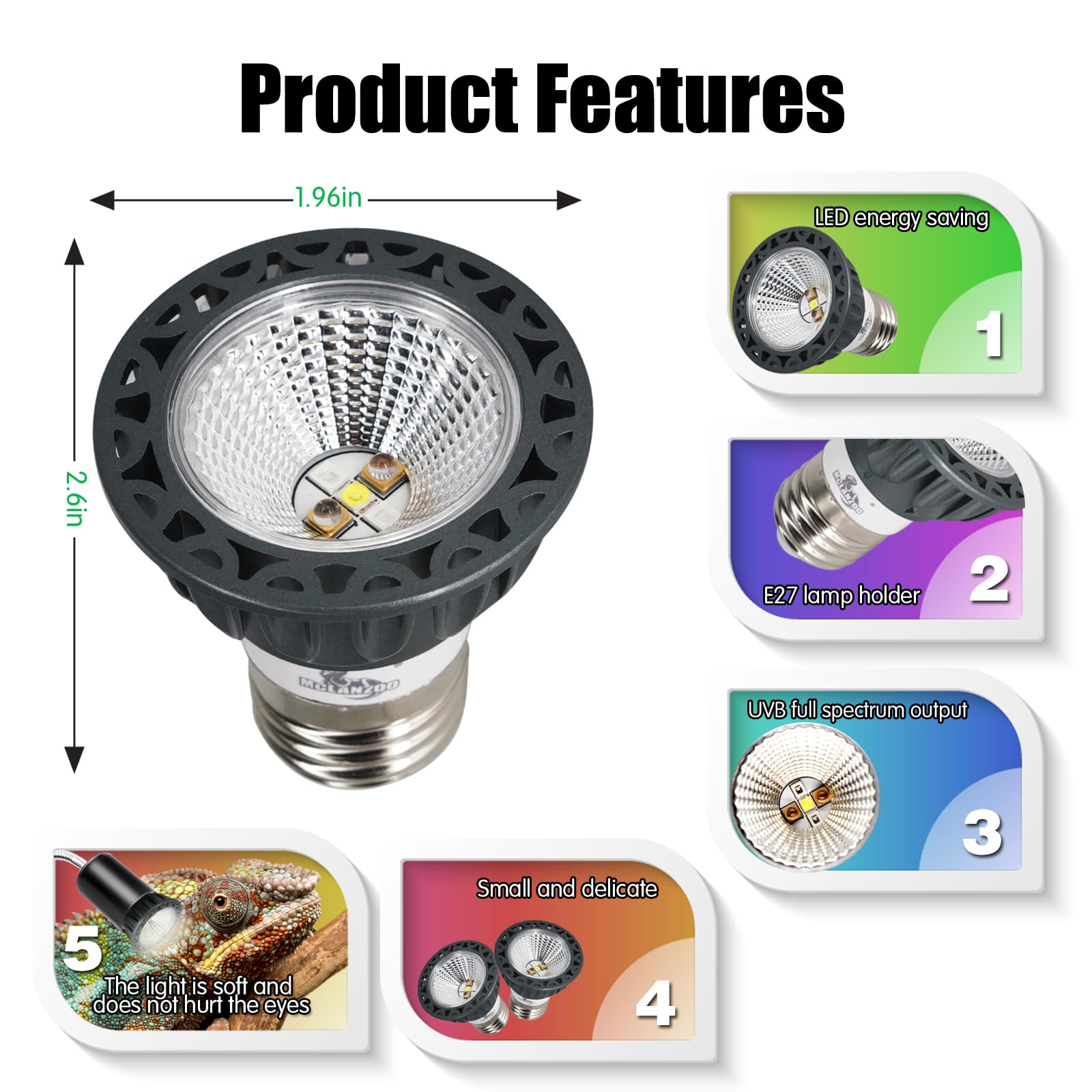 Mclanzoo Uvb Reptile Light High Intensity Led Bulb 3W 10.0 Turtle Calcium Lamp Full Spectrum Sun Heat Lamp For Desert Reptile,Tu