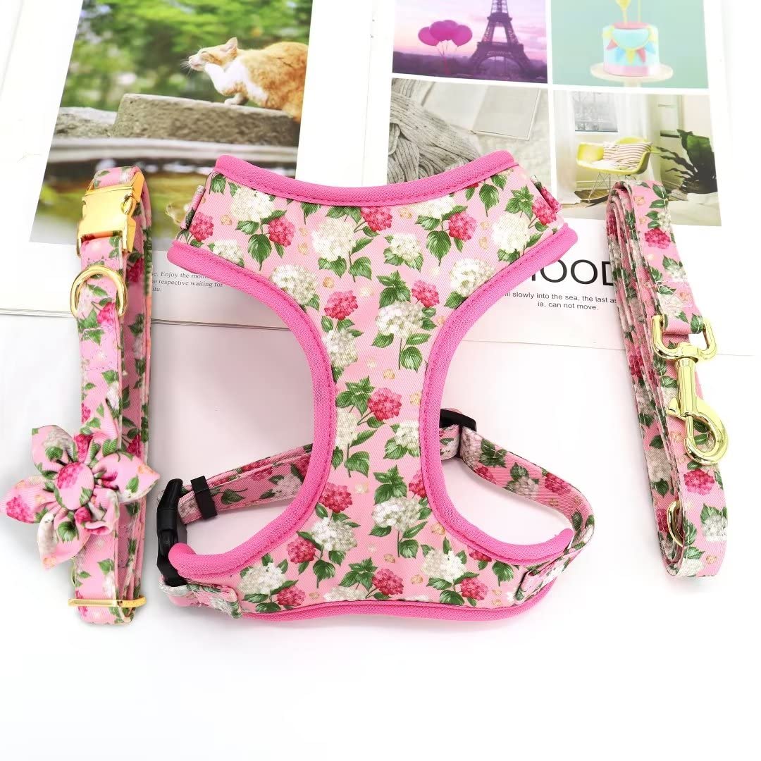 Beirui Cute Girl Dog Collars, Harnesses & Leashes Set - Adjustable Dog Collar And Leash Set With Flower - Soft Mesh Dog Vest Harness For Puppies Small Medium Dogs (Pink,M)