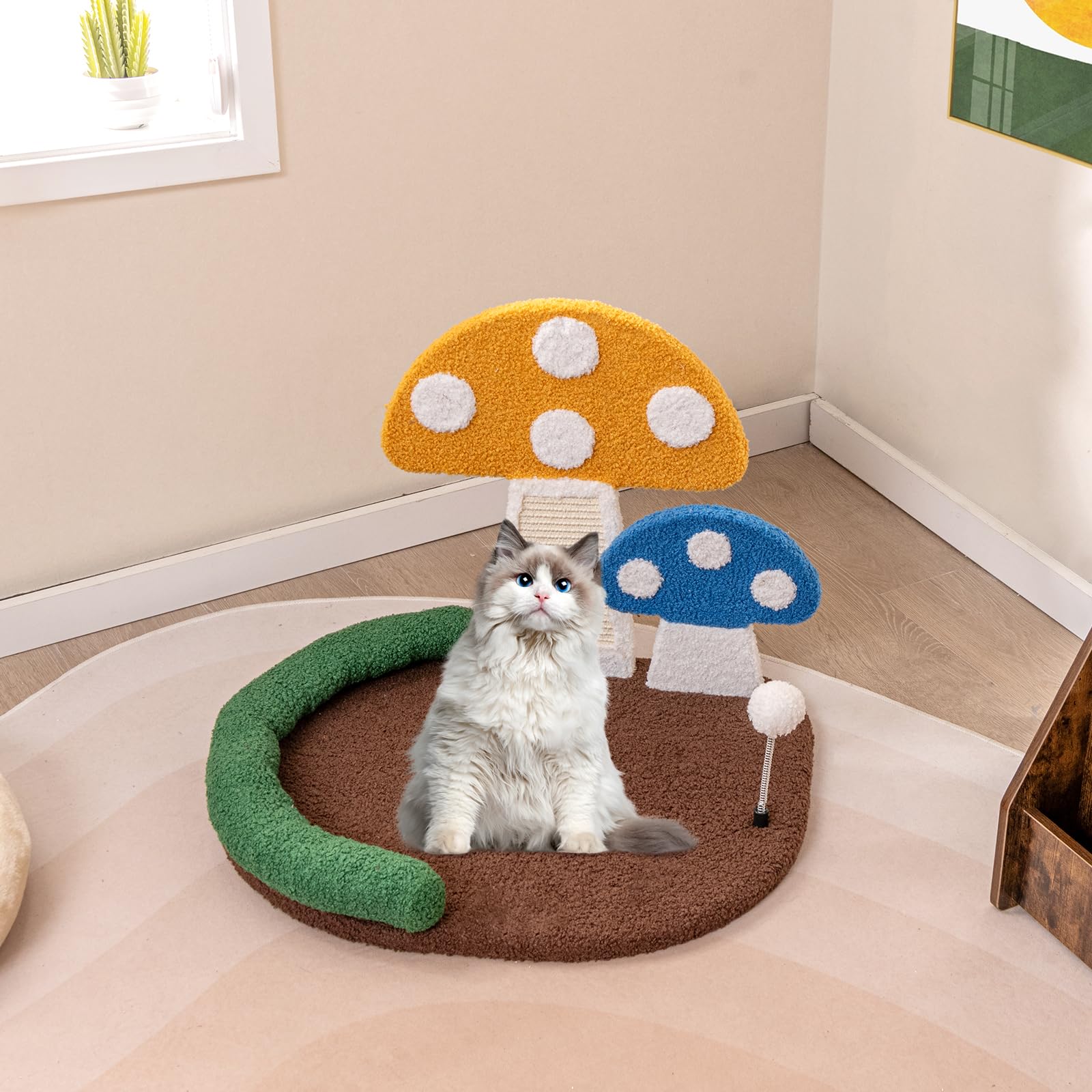 Tangkula Mushroom Cat Bed, Cat Claw Scratcher With Wide Large Platform, Sisal Scratching Panel, Spring Ball, Pp Cotton Padded He