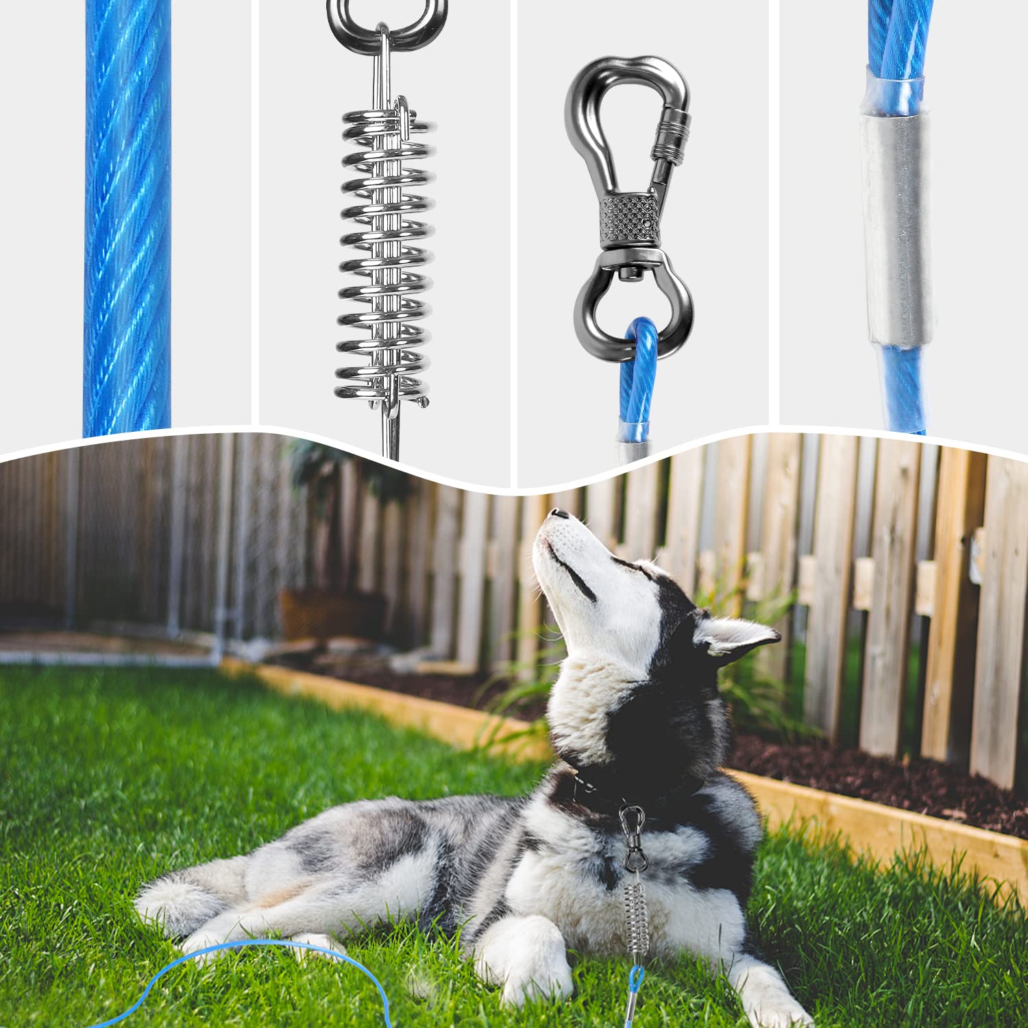 Tresbro 30 Ft Dog Tie Out Cable, Heavy Duty Dog Chains For Outside With Spring Swivel Lockable Hook, Pet Runner Cable Leads For Yard, Blue Dog Line Tether For Small Medium Large Dogs Up To 500 Lbs