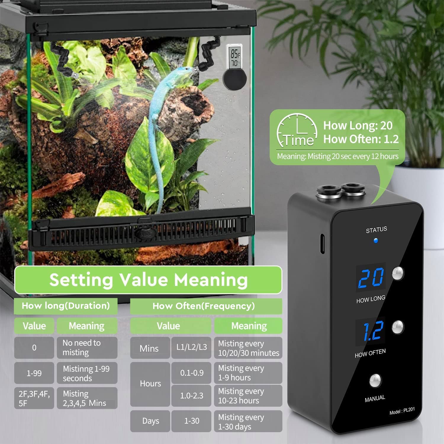 Moistenland Reptile Humidifier, Misting System For Reptile Terrariums, Automatic Misting System With Adjustable Spray Nozzles, B